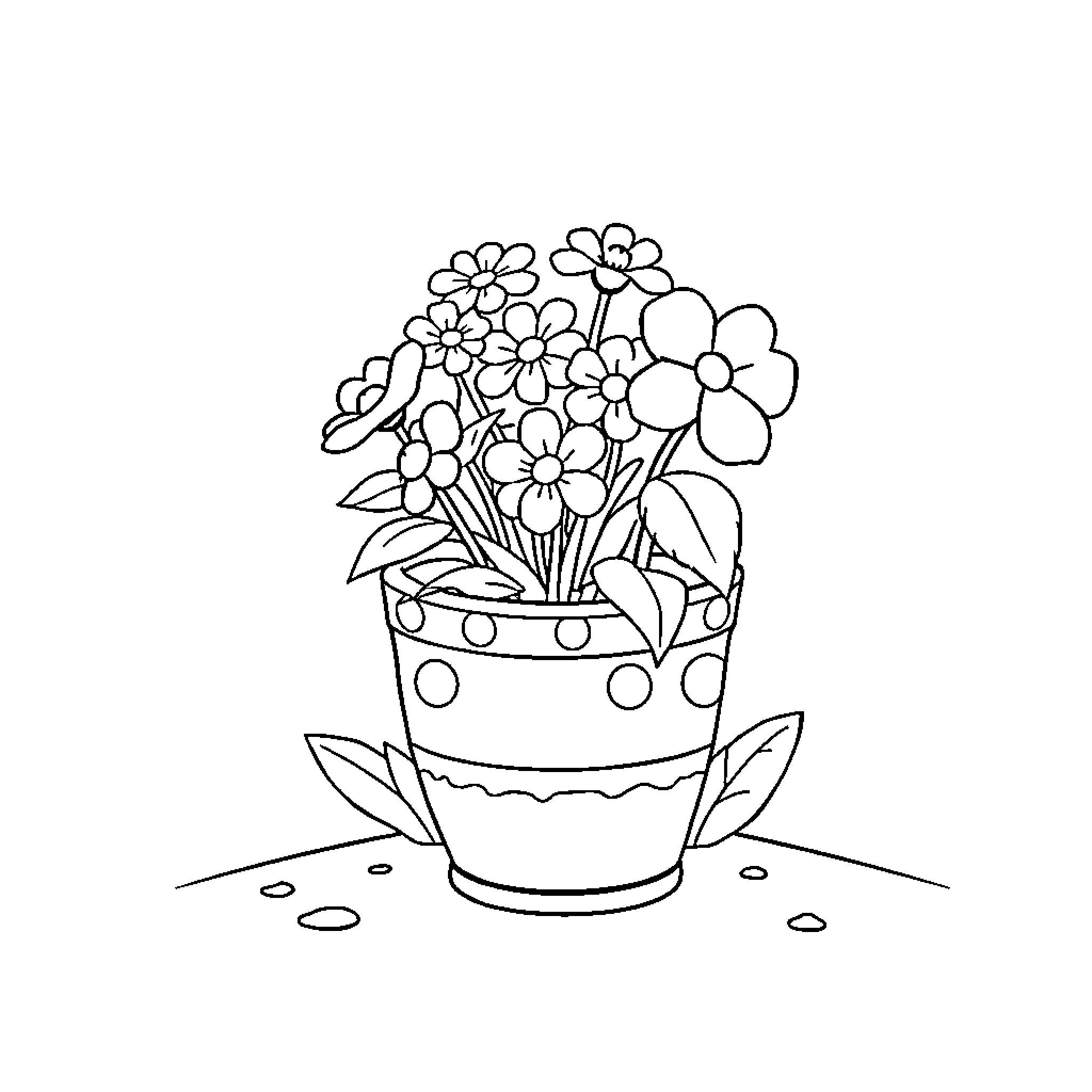 Flower Pot with Blooming Flowers Coloring Page (free black-and-white line drawing printable PDF for all, from beginners to advanced learners, including children, teens, adults, and seniors)