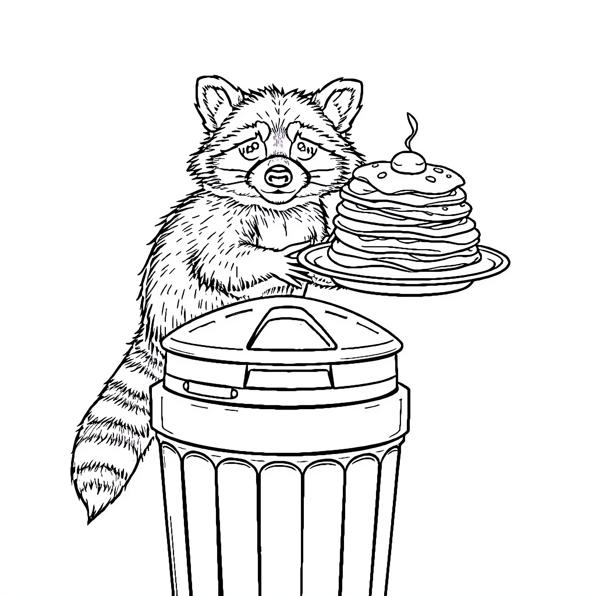 Raccoon making a mess with pancakes Coloring Page (free black-and-white line drawing printable PDF for all, from beginners to advanced learners, including children, teens, adults, and seniors)