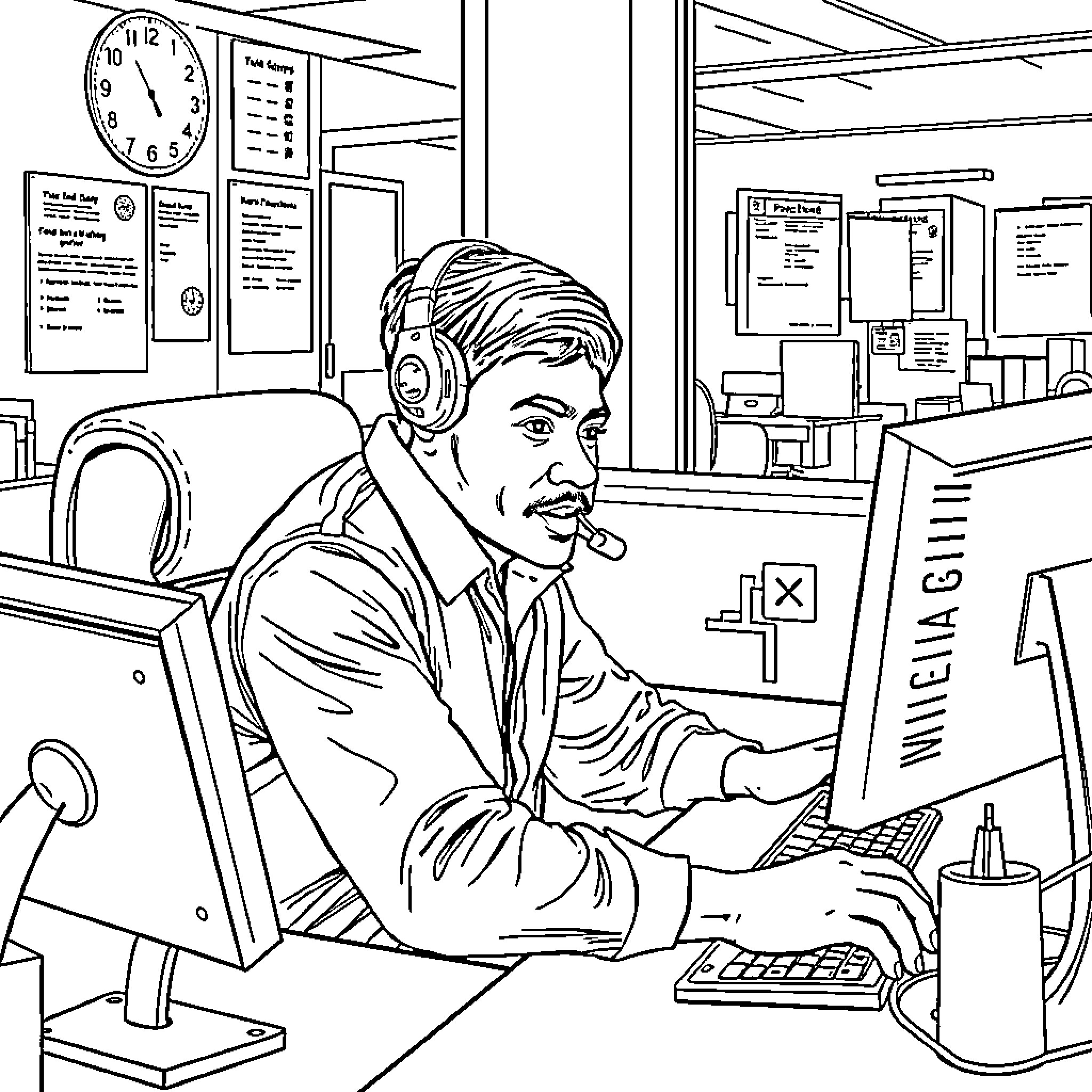 Manny Pacquiao Working Diligently in the Office Coloring Page (free black-and-white line drawing printable PDF for all, from beginners to advanced learners, including children, teens, adults, and seniors)