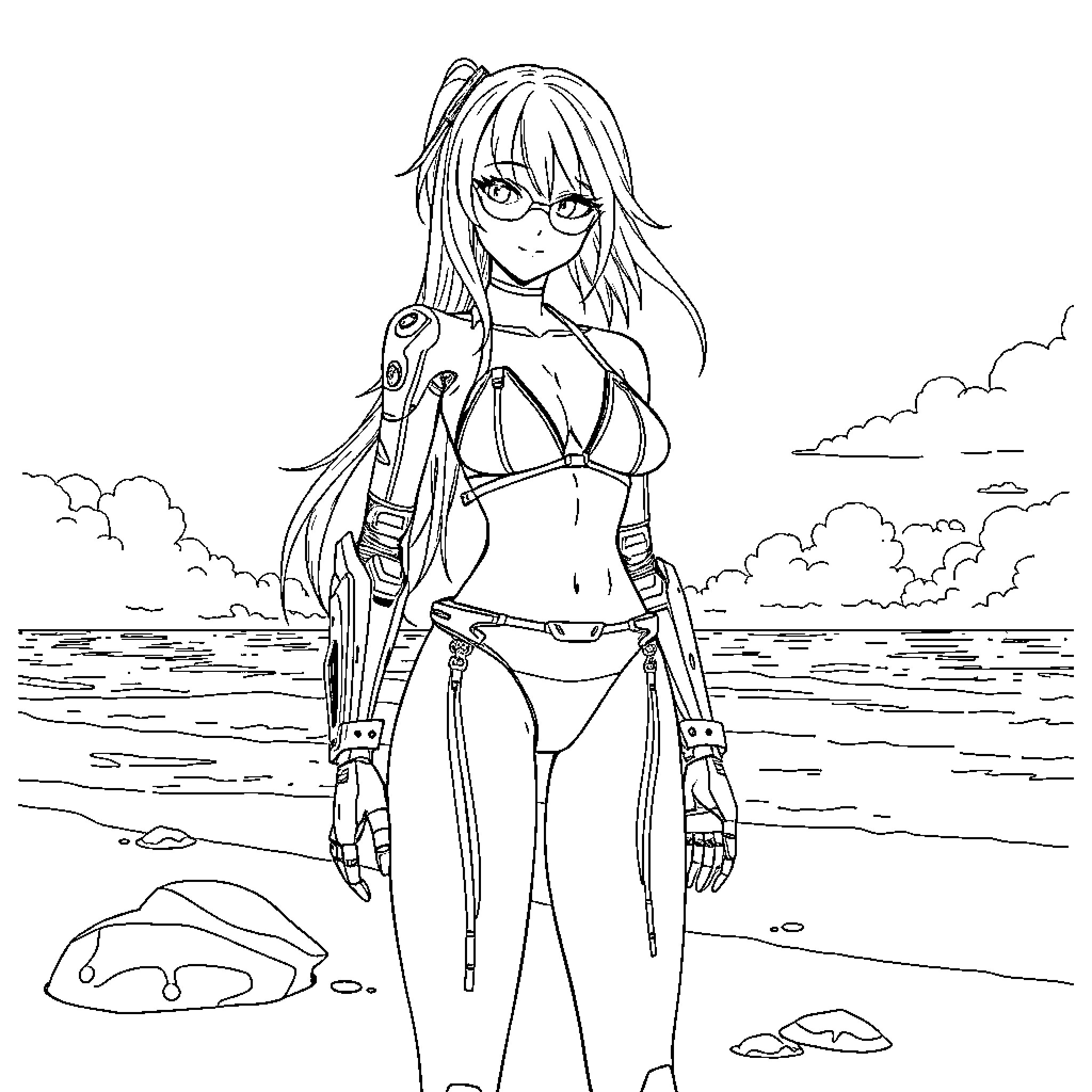 Cyborg Girl Stands Confidently on the Beach Coloring Page (free black-and-white line drawing printable PDF for all, from beginners to advanced learners, including children, teens, adults, and seniors)
