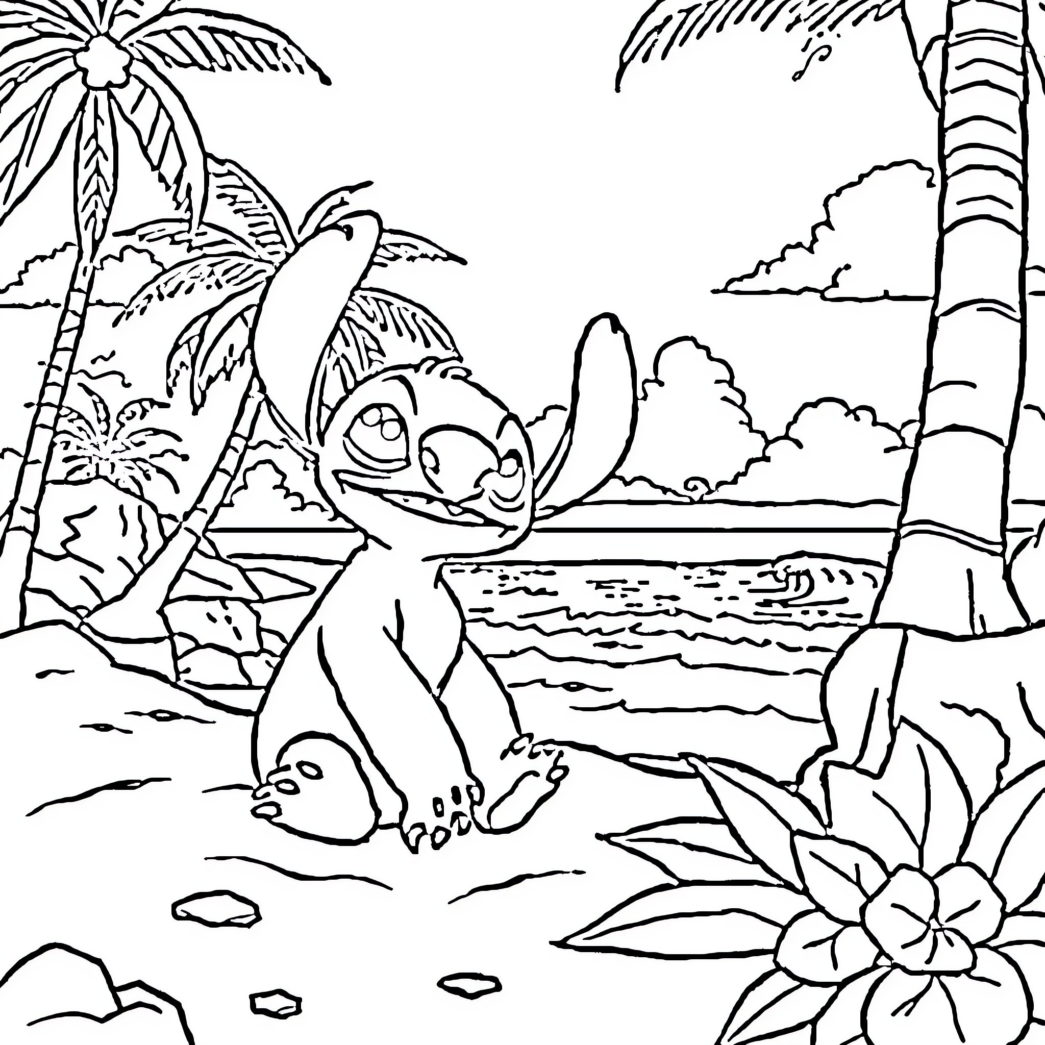 Stitch exploring the tropical paradise Coloring Page (free black-and-white line drawing printable PDF for all, from beginners to advanced learners, including children, teens, adults, and seniors)