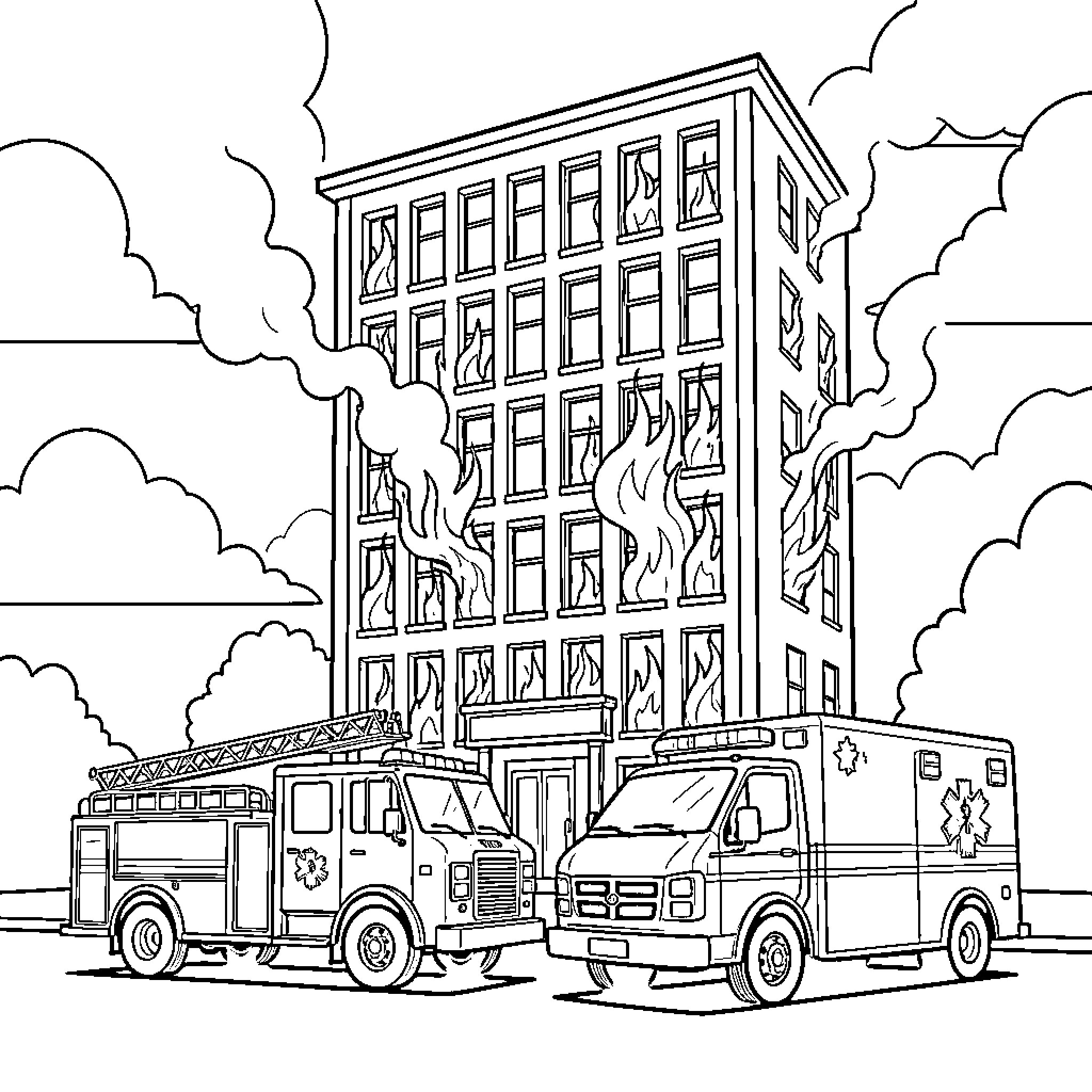 Fire Truck and ambulance responding to a building fire Coloring Page (free black-and-white line drawing printable PDF for all, from beginners to advanced learners, including children, teens, adults, and seniors)