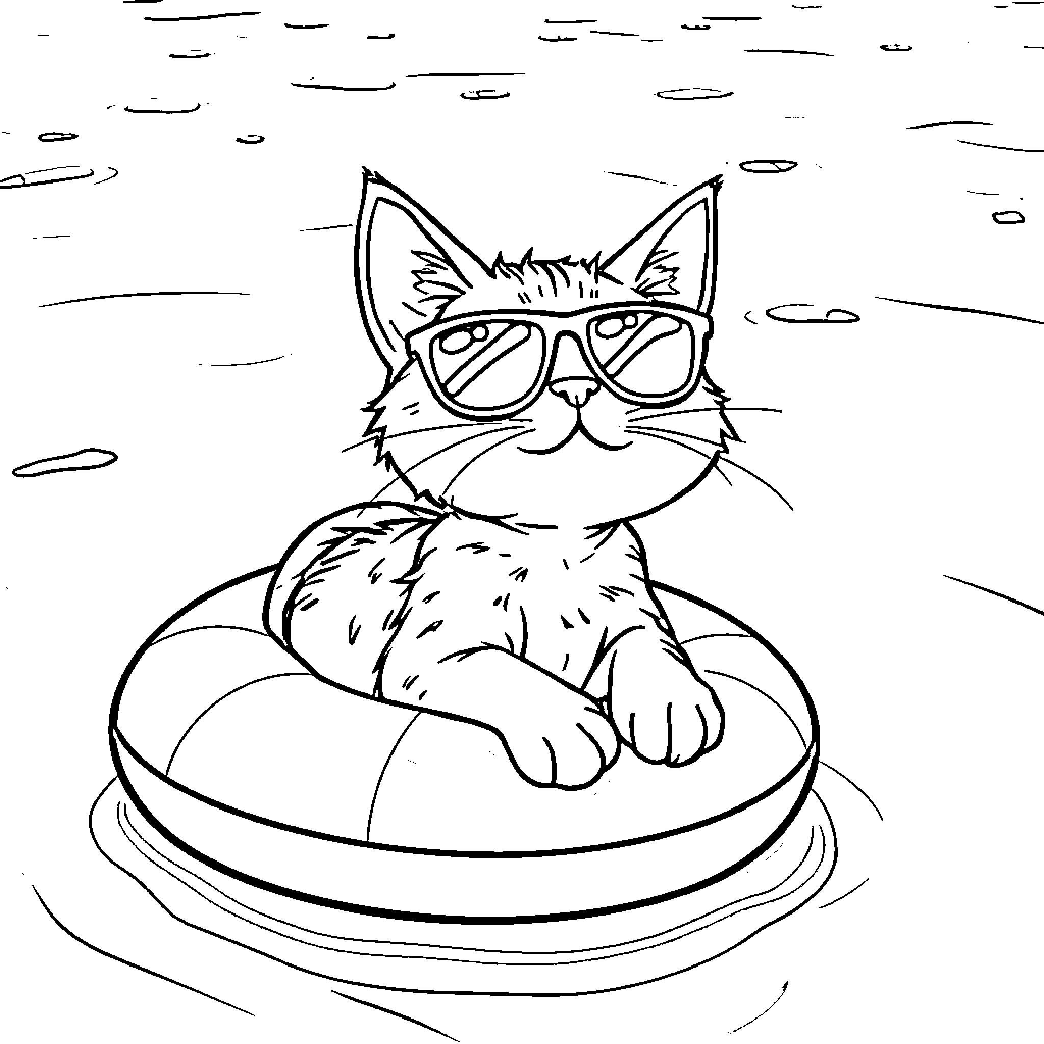 Cat wearing glasses relaxing in bowl Coloring Page (free black-and-white line drawing printable PDF for all, from beginners to advanced learners, including children, teens, adults, and seniors)
