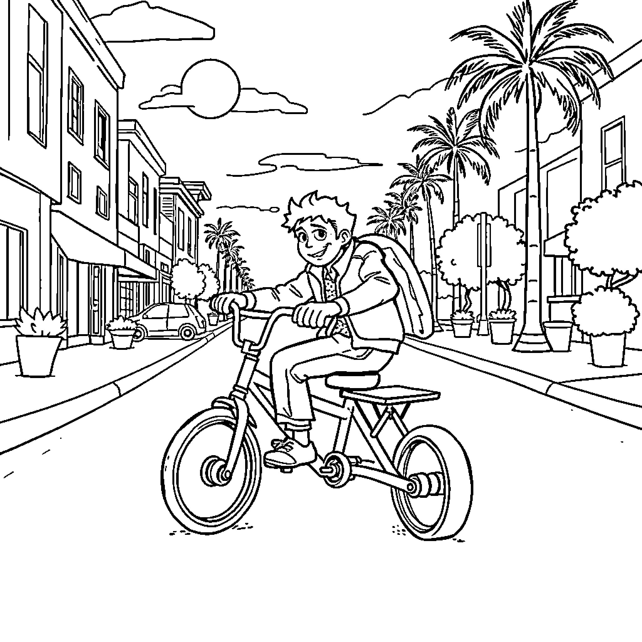 Marty McFly riding a bicycle in a sunny town Coloring Page (free black-and-white line drawing printable PDF for all, from beginners to advanced learners, including children, teens, adults, and seniors)