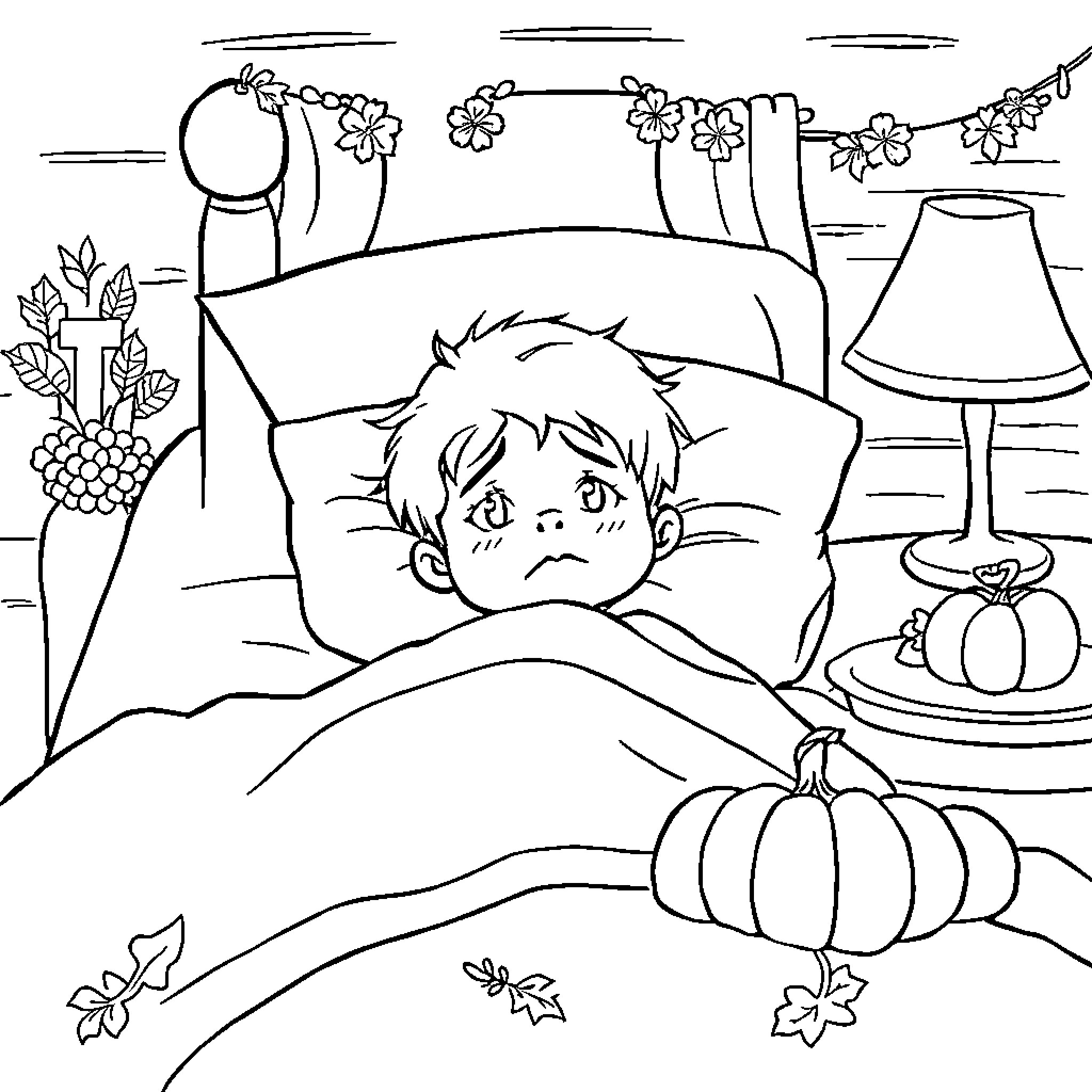 Kid feeling unwell in bed surrounded by nature Coloring Page (free black-and-white line drawing printable PDF for all, from beginners to advanced learners, including children, teens, adults, and seniors)