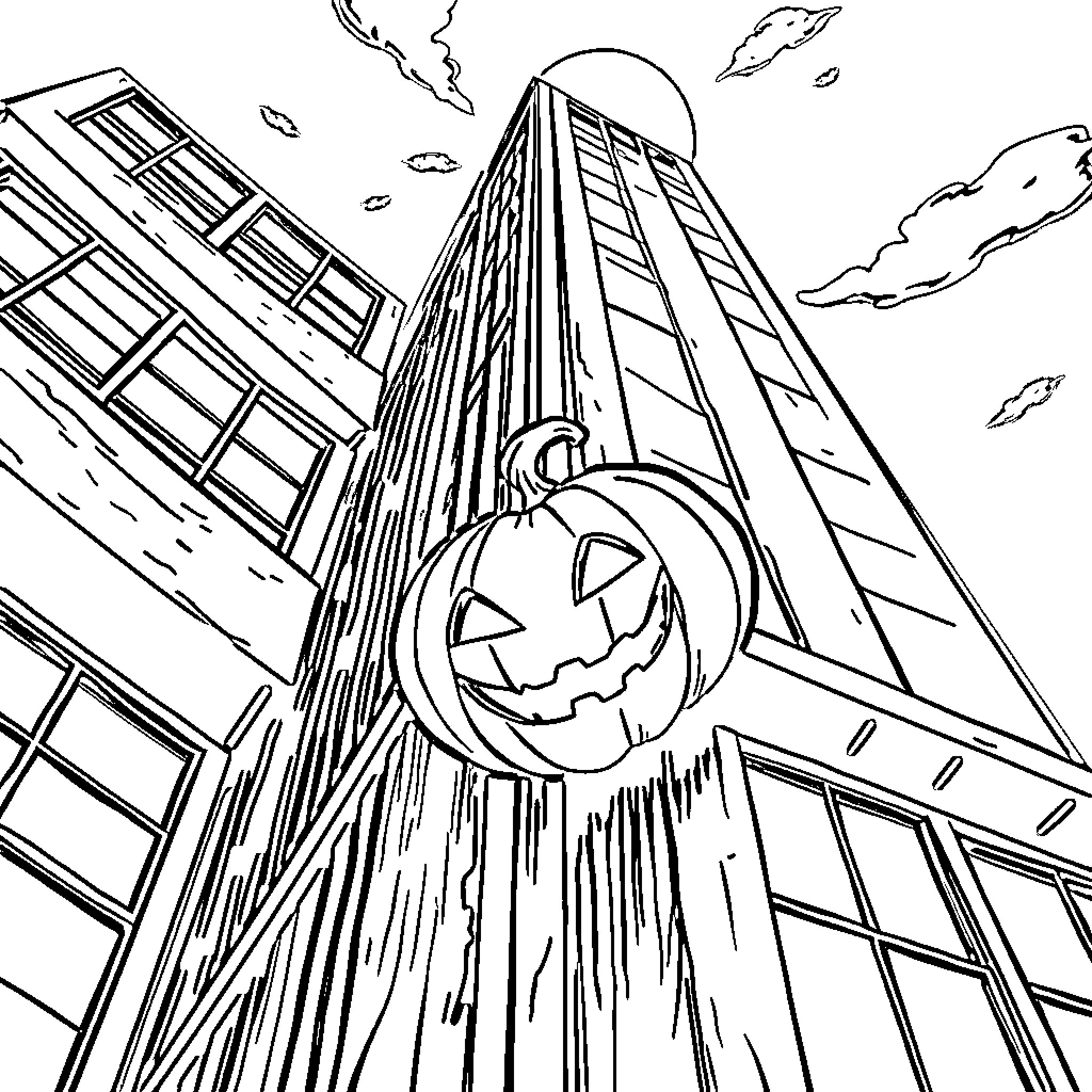 Pumpkin atop towering skyscraper Coloring Page (free black-and-white line drawing printable PDF for all, from beginners to advanced learners, including children, teens, adults, and seniors)