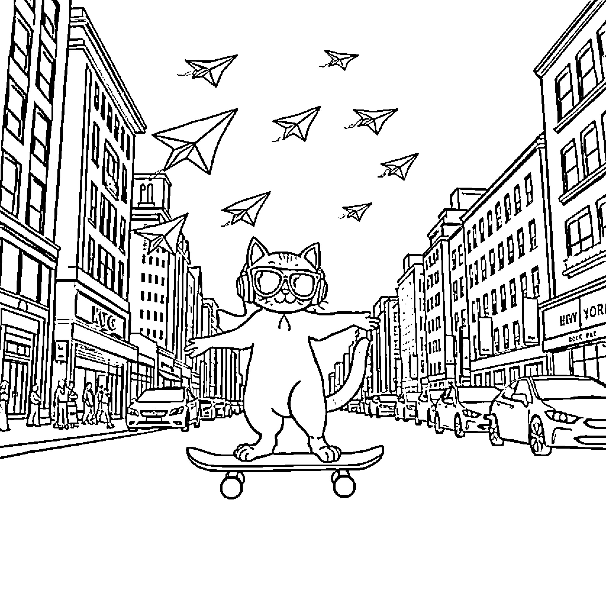 Cat riding skateboard amid paper airplanes in city Coloring Page (free black-and-white line drawing printable PDF for all, from beginners to advanced learners, including children, teens, adults, and seniors)