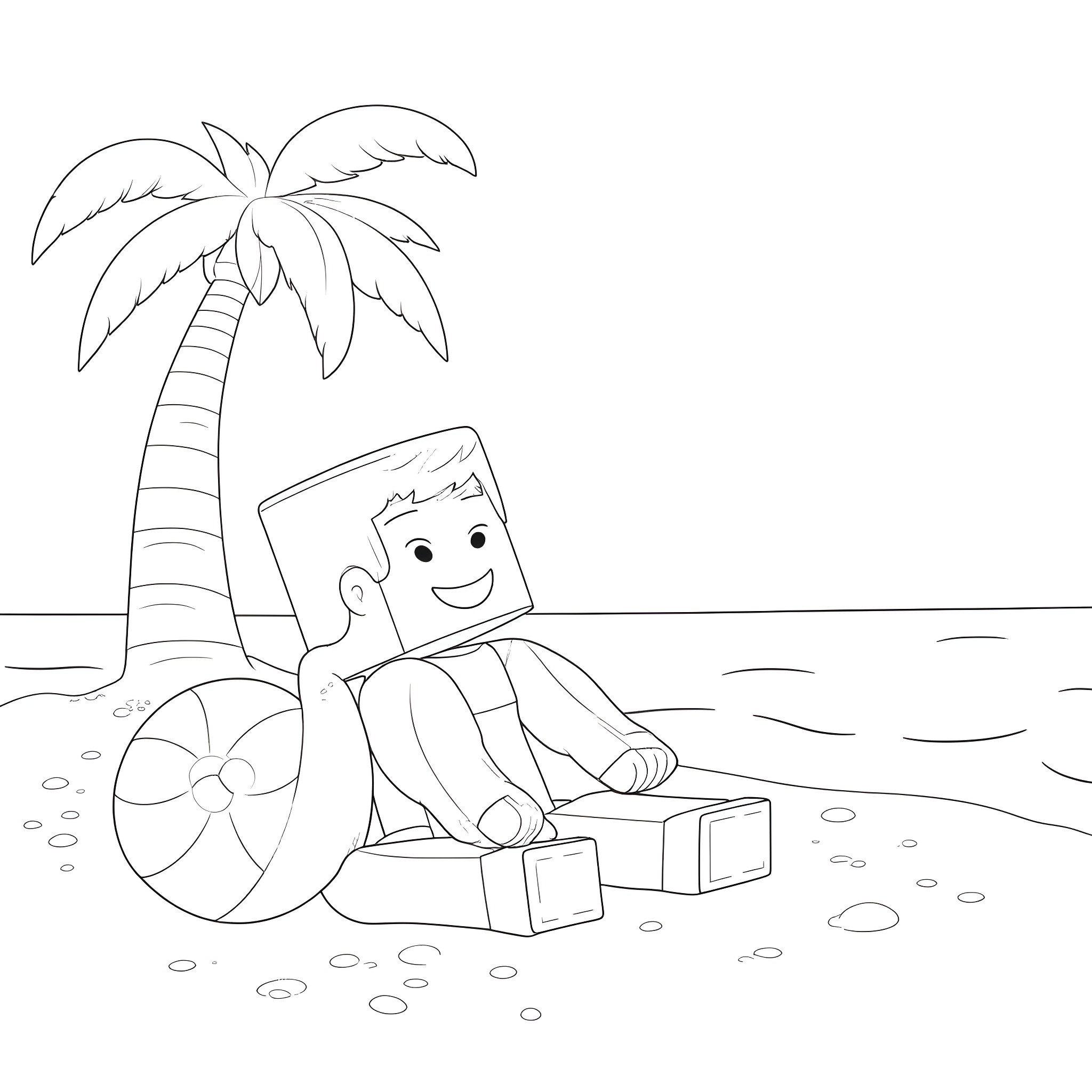 Minecraft Steve relaxing on the beach Coloring Page (free black-and-white line drawing printable PDF for all, from beginners to advanced learners, including children, teens, adults, and seniors)