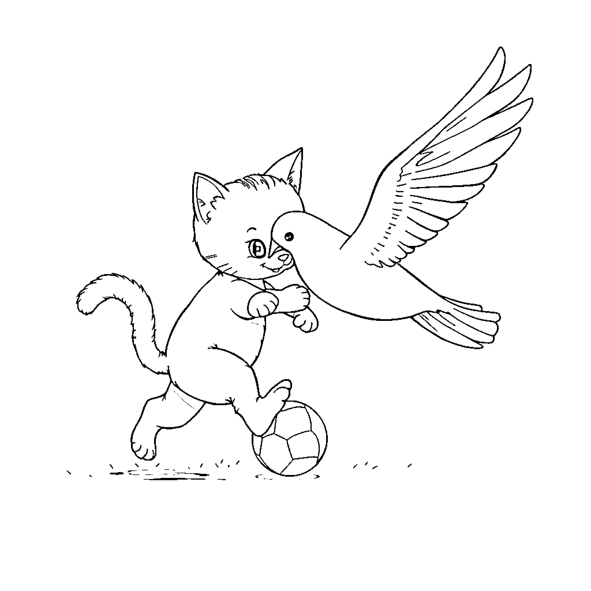 Cat playing with bird and soccer ball Coloring Page (free black-and-white line drawing printable PDF for all, from beginners to advanced learners, including children, teens, adults, and seniors)