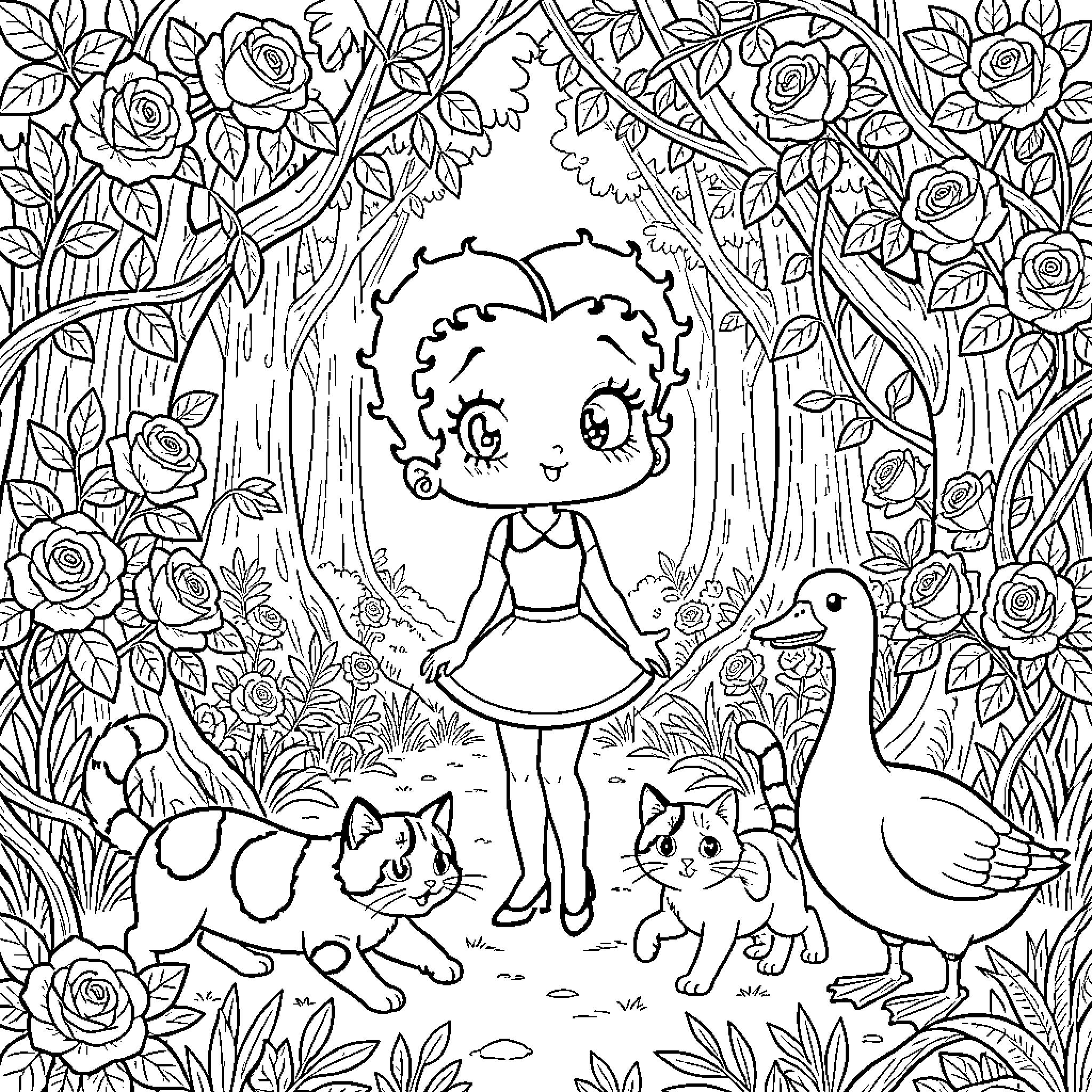 Betty Boop with Animal Friends in Floral Garden Coloring Page (free black-and-white line drawing printable PDF for all, from beginners to advanced learners, including children, teens, adults, and seniors)