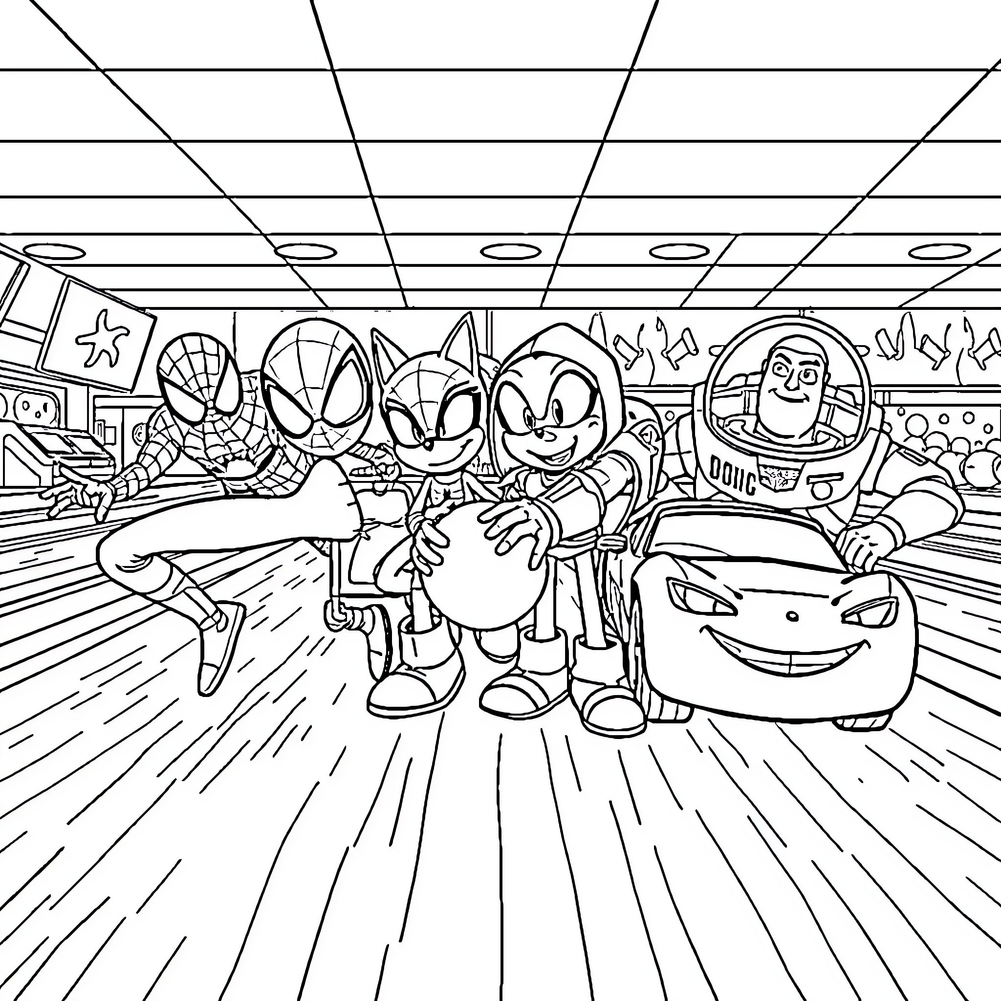 Character Interaction in an Animated Scene Coloring Page (free black-and-white line drawing printable PDF for all, from beginners to advanced learners, including children, teens, adults, and seniors)