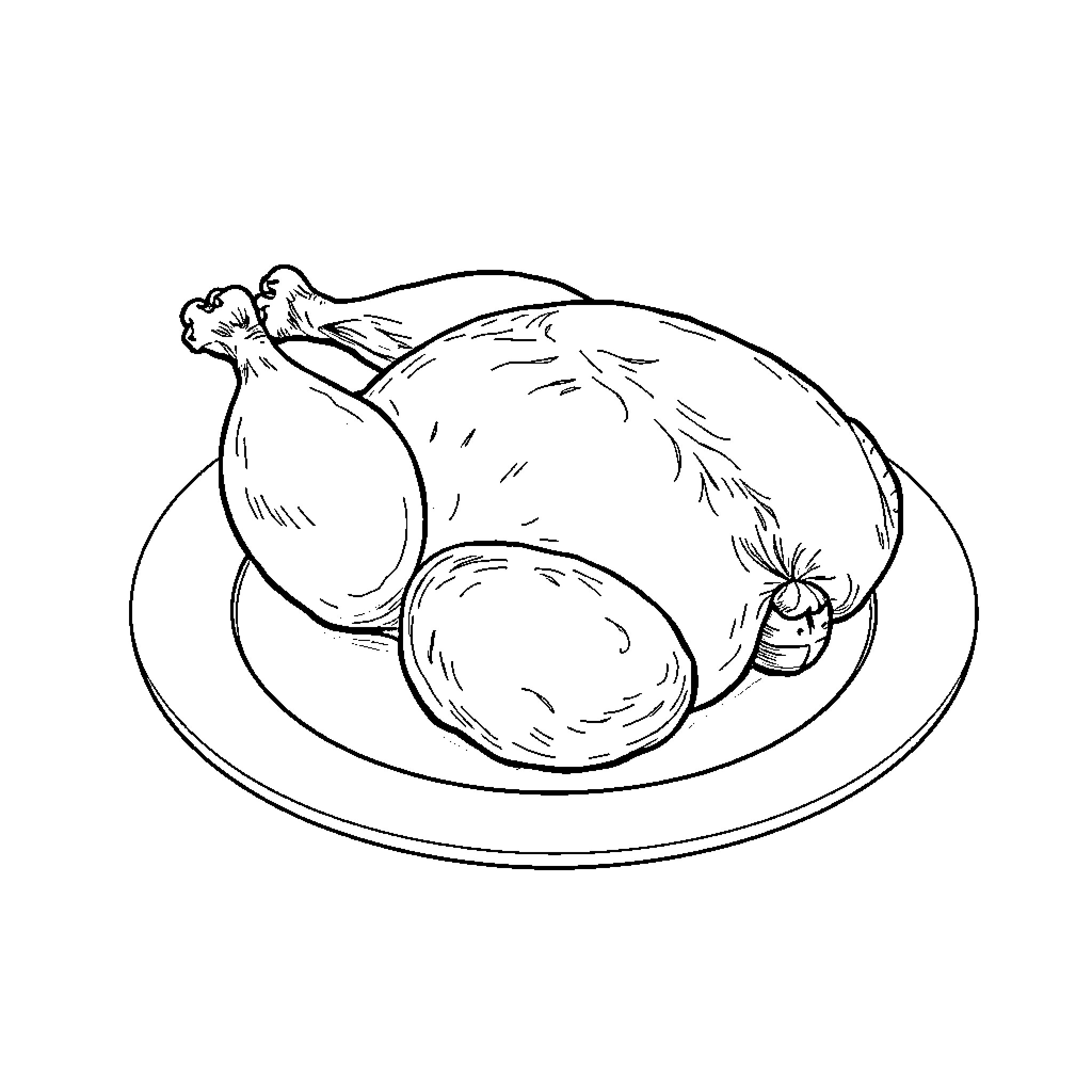 Chicken roasted on a serving dish Coloring Page (free black-and-white line drawing printable PDF for all, from beginners to advanced learners, including children, teens, adults, and seniors)