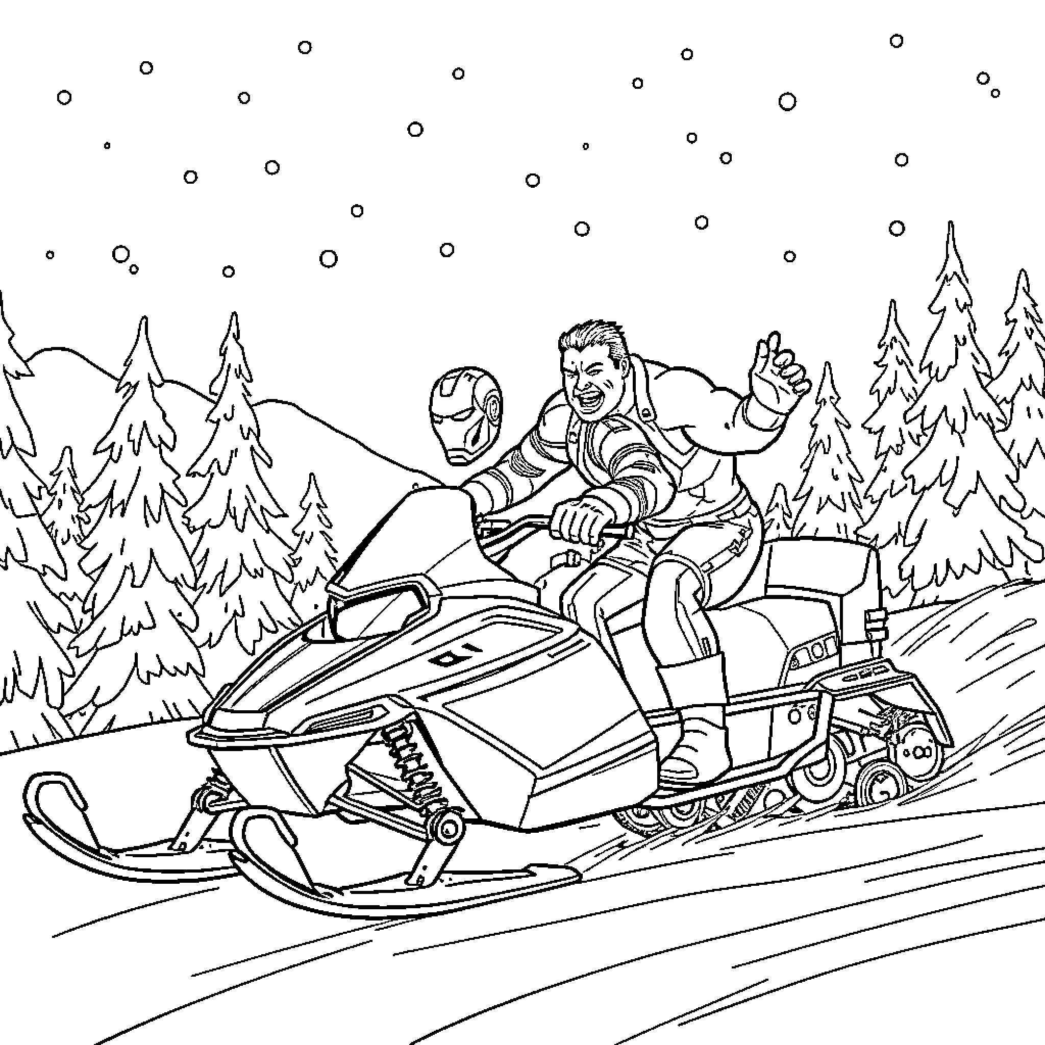 Ironman riding a snowmobile through a snowy forest Coloring Page (free black-and-white line drawing printable PDF for all, from beginners to advanced learners, including children, teens, adults, and seniors)