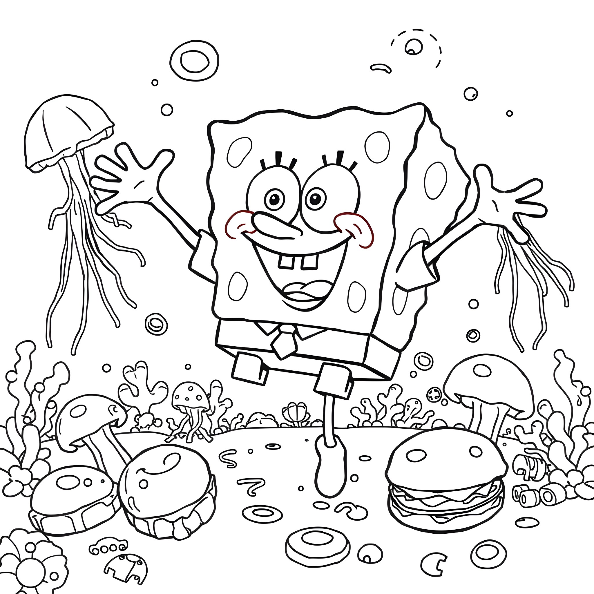 Spongebob's Underwater Adventure with Friends Coloring Page (free black-and-white line drawing printable PDF for all, from beginners to advanced learners, including children, teens, adults, and seniors)