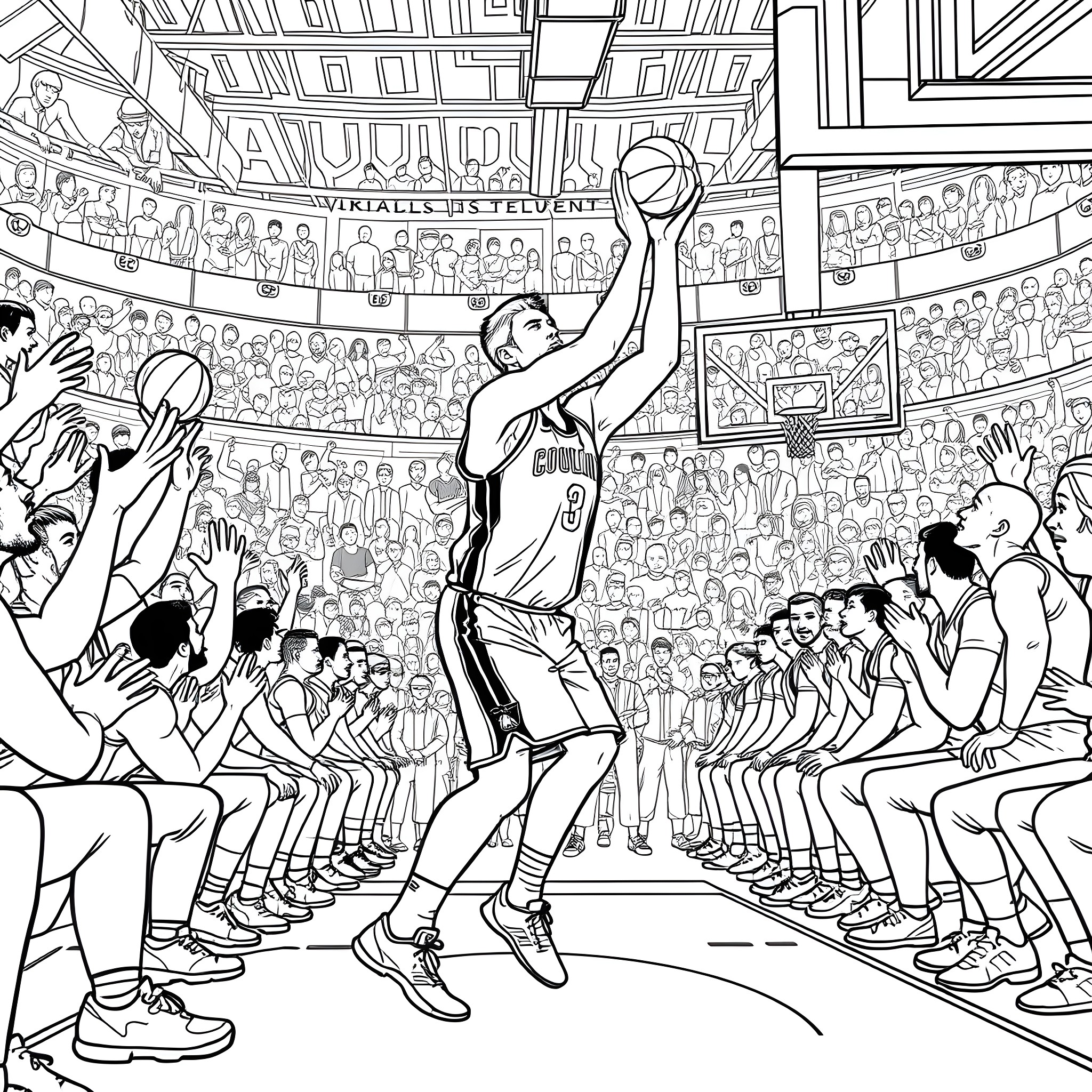 Nikola Jokic's Commanding Performance in a Basketball Game Coloring Page (free black-and-white line drawing printable PDF for all, from beginners to advanced learners, including children, teens, adults, and seniors)