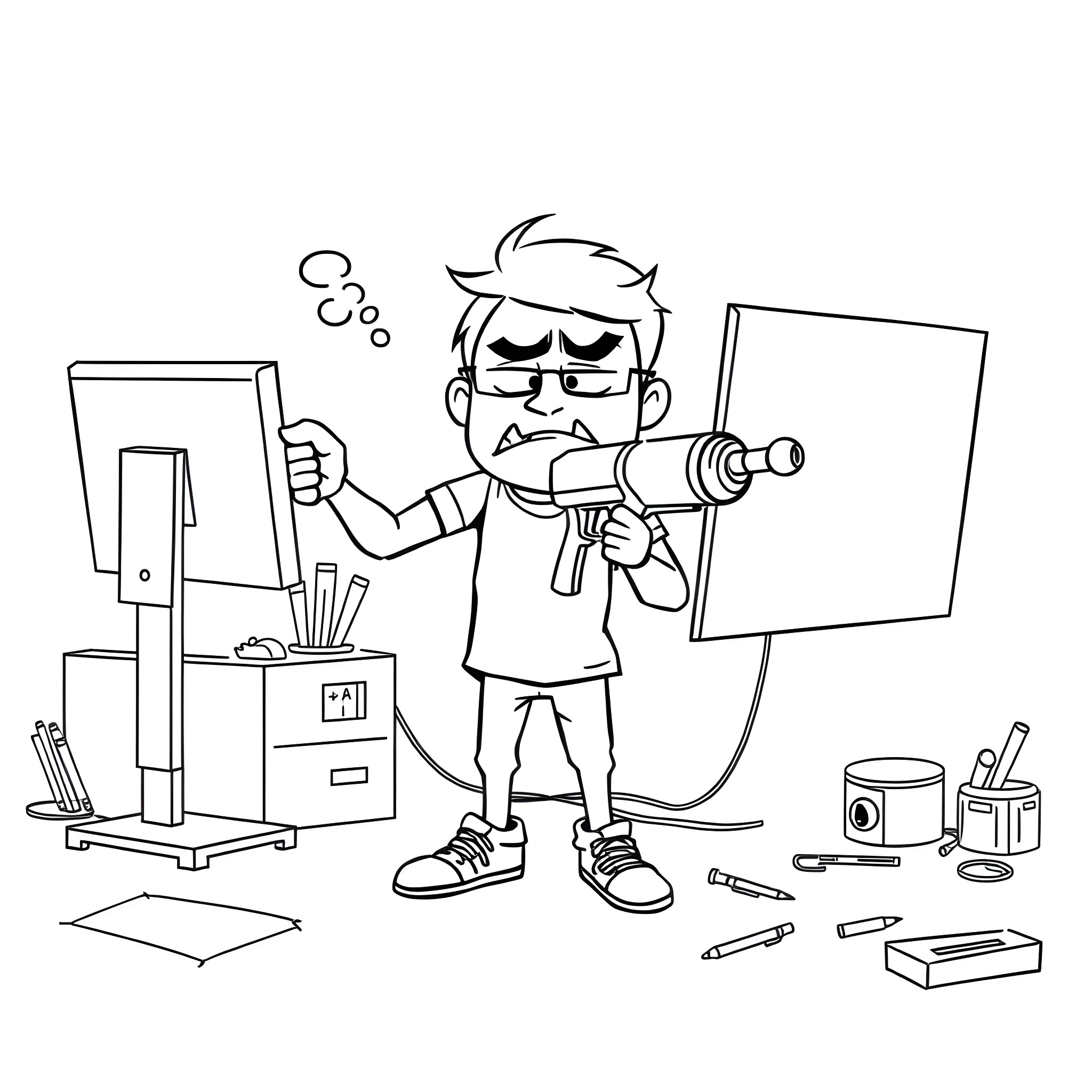 User Fixing Electronics in Messy Workspace Coloring Page (free black-and-white line drawing printable PDF for all, from beginners to advanced learners, including children, teens, adults, and seniors)