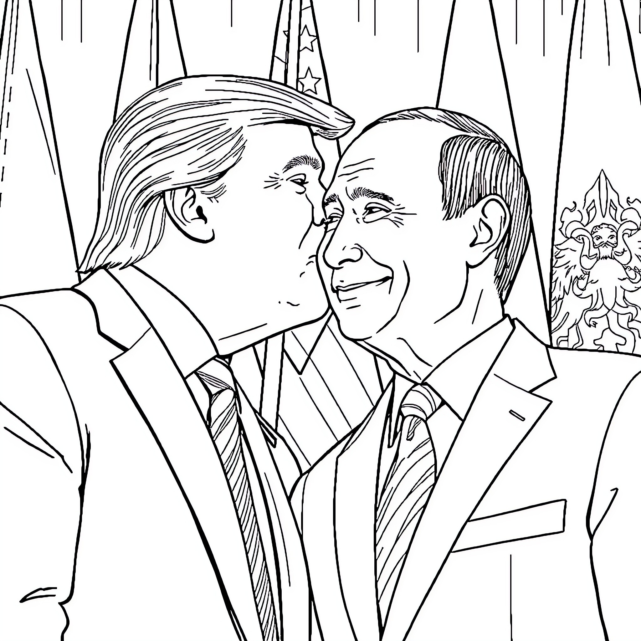Donald Trump and Xi Jinping in formal attire Coloring Page (free black-and-white line drawing printable PDF for all, from beginners to advanced learners, including children, teens, adults, and seniors)