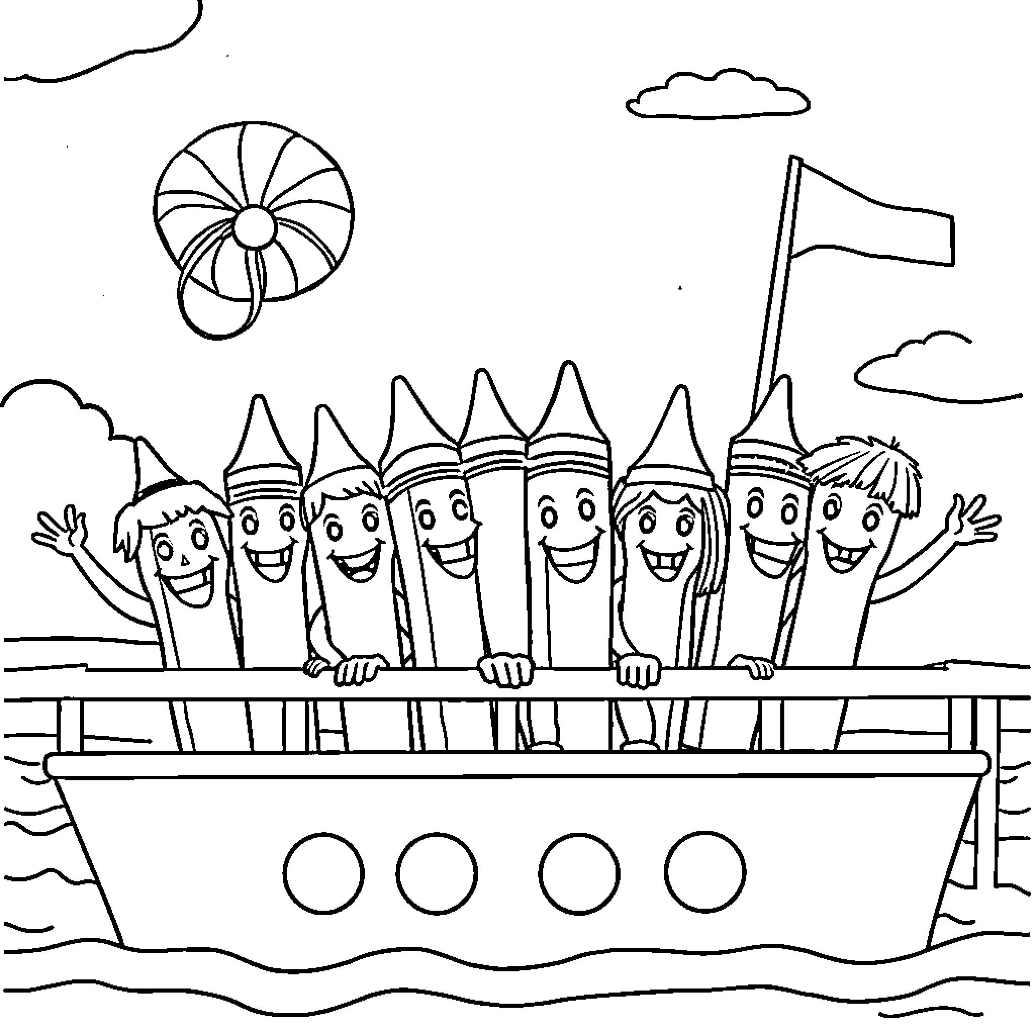 Crayon characters enjoying a boat ride Coloring Page (free black-and-white line drawing printable PDF for all, from beginners to advanced learners, including children, teens, adults, and seniors)