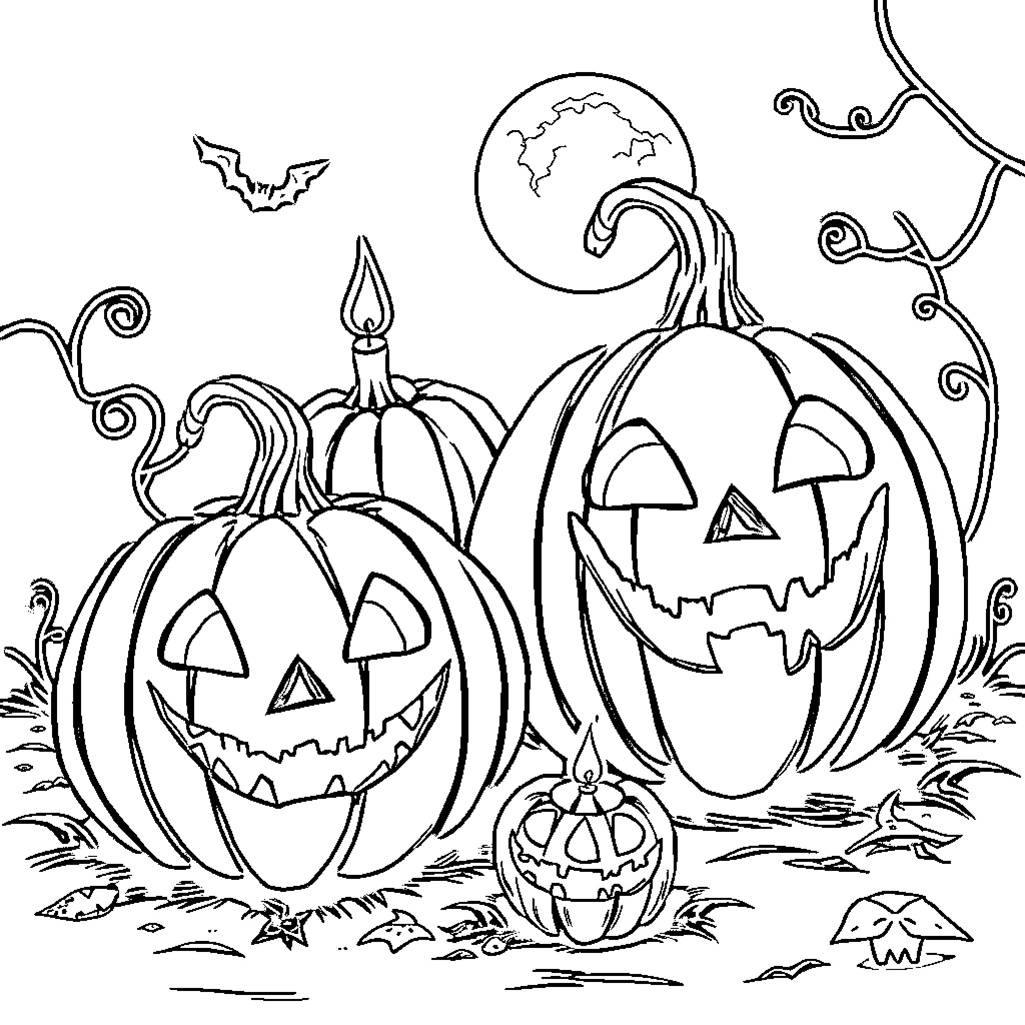 Pumpkin patch with spooky jack-o'-lanterns Coloring Page (free black-and-white line drawing printable PDF for all, from beginners to advanced learners, including children, teens, adults, and seniors)