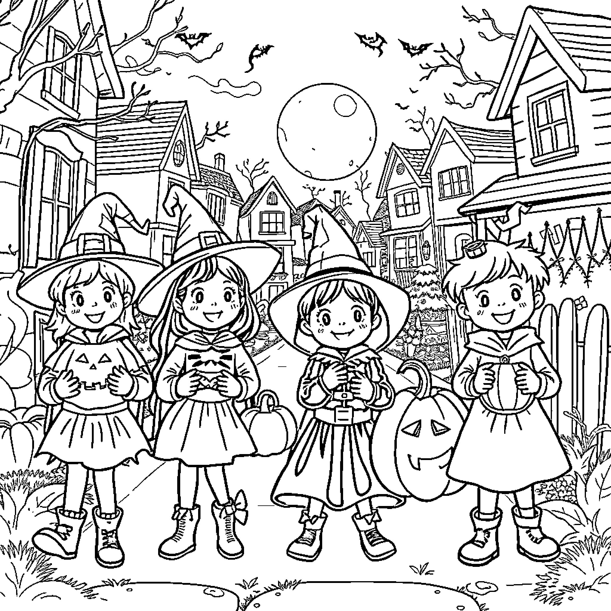 Kids enjoying Halloween in a spooky town Coloring Page (free black-and-white line drawing printable PDF for all, from beginners to advanced learners, including children, teens, adults, and seniors)