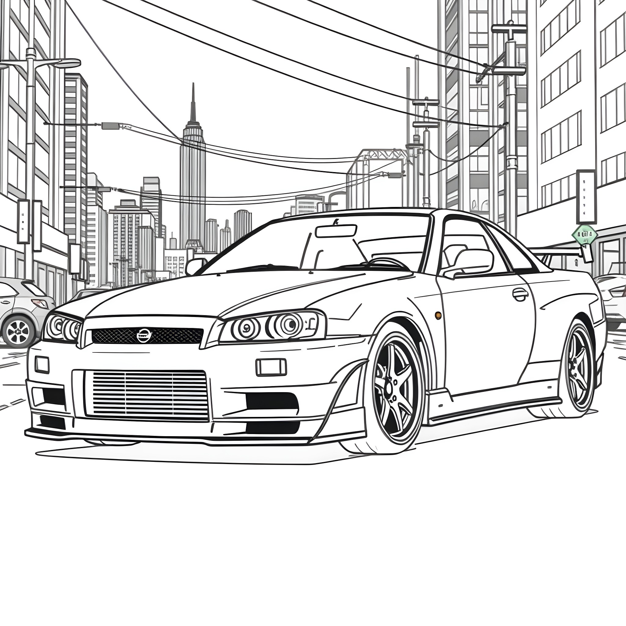 Nissan R34 in the city skyline Coloring Page (free black-and-white line drawing printable PDF for all, from beginners to advanced learners, including children, teens, adults, and seniors)