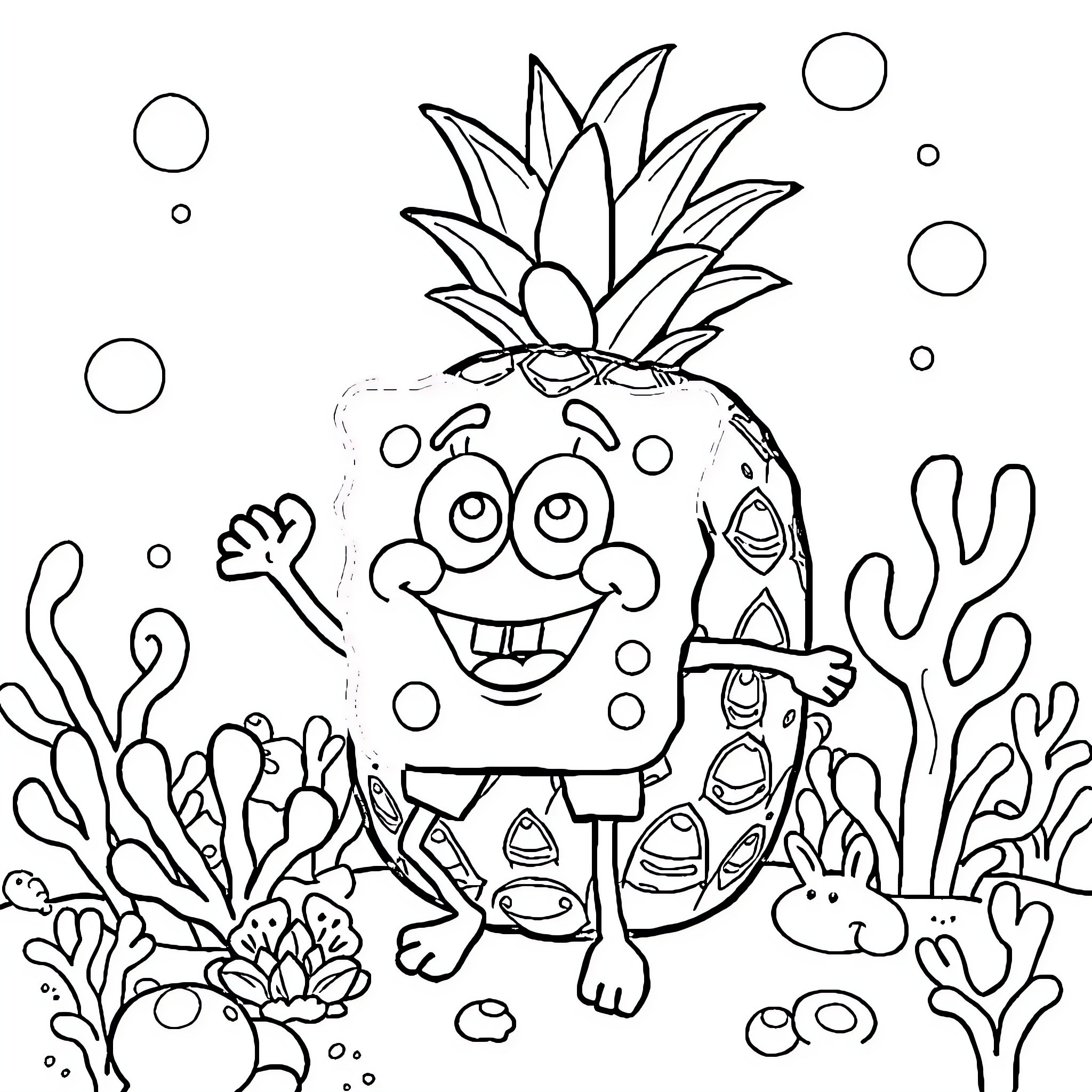 Spongebob happily playing in the ocean Coloring Page (free black-and-white line drawing printable PDF for all, from beginners to advanced learners, including children, teens, adults, and seniors)