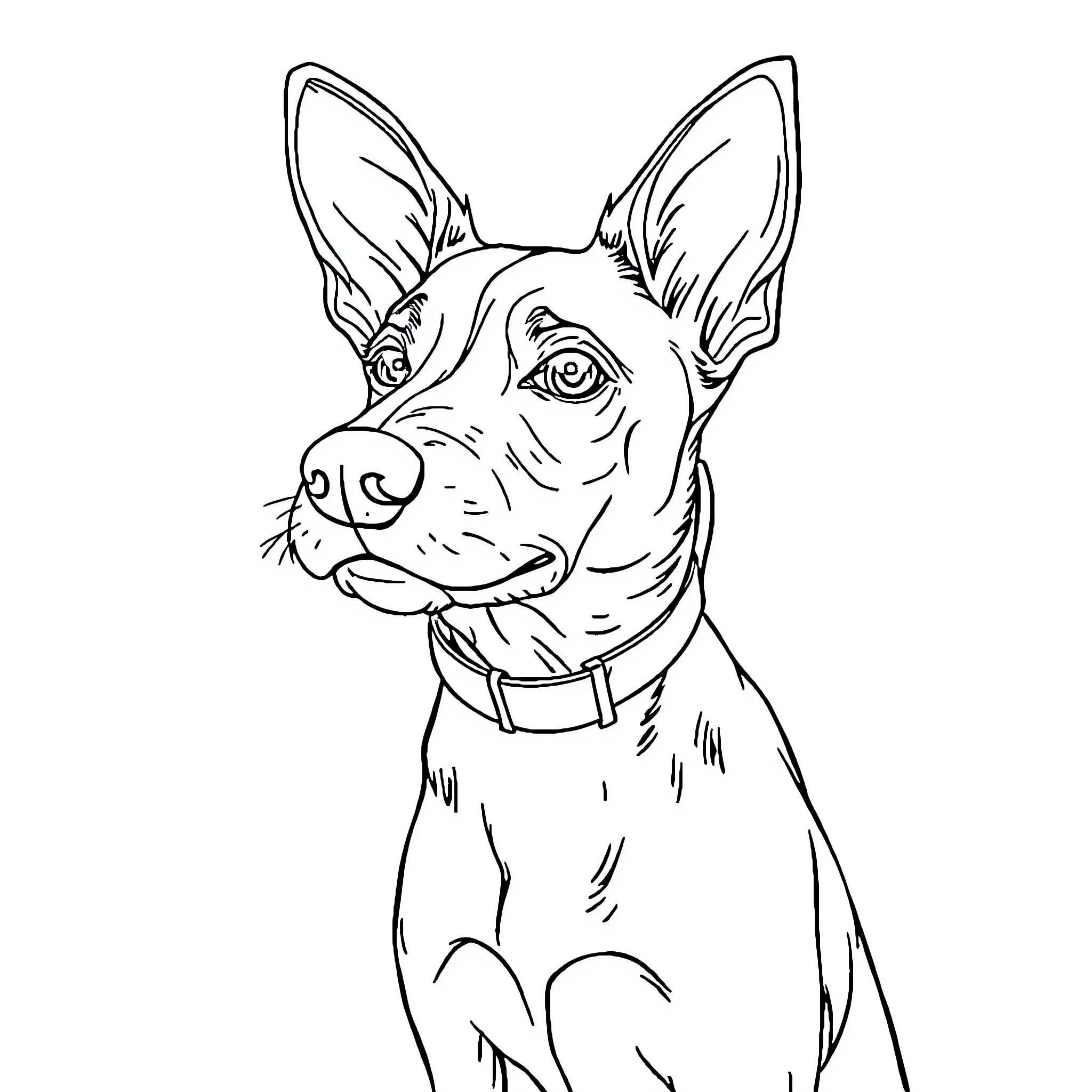 Dog with alert expression on white background Coloring Page (free black-and-white line drawing printable PDF for all, from beginners to advanced learners, including children, teens, adults, and seniors)
