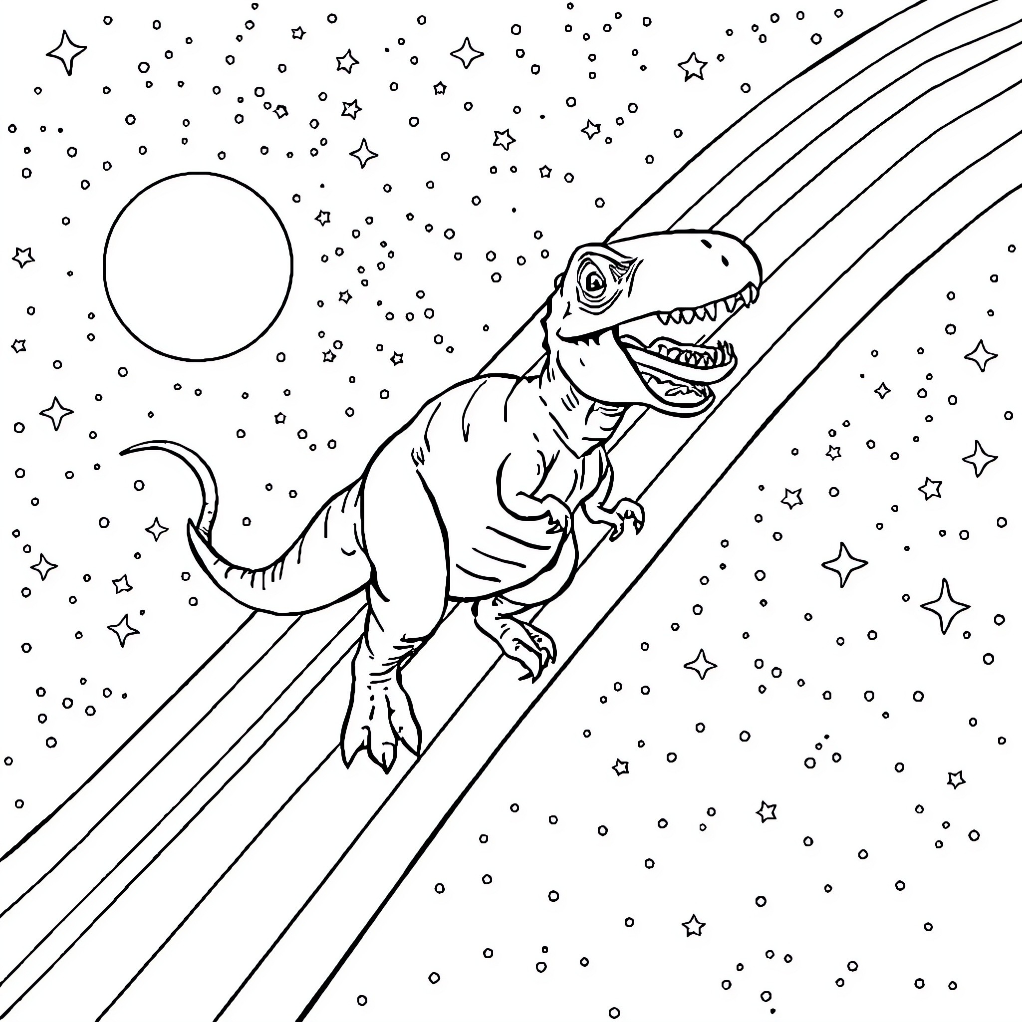 T-Rex chasing stars in the night sky Coloring Page (free black-and-white line drawing printable PDF for all, from beginners to advanced learners, including children, teens, adults, and seniors)