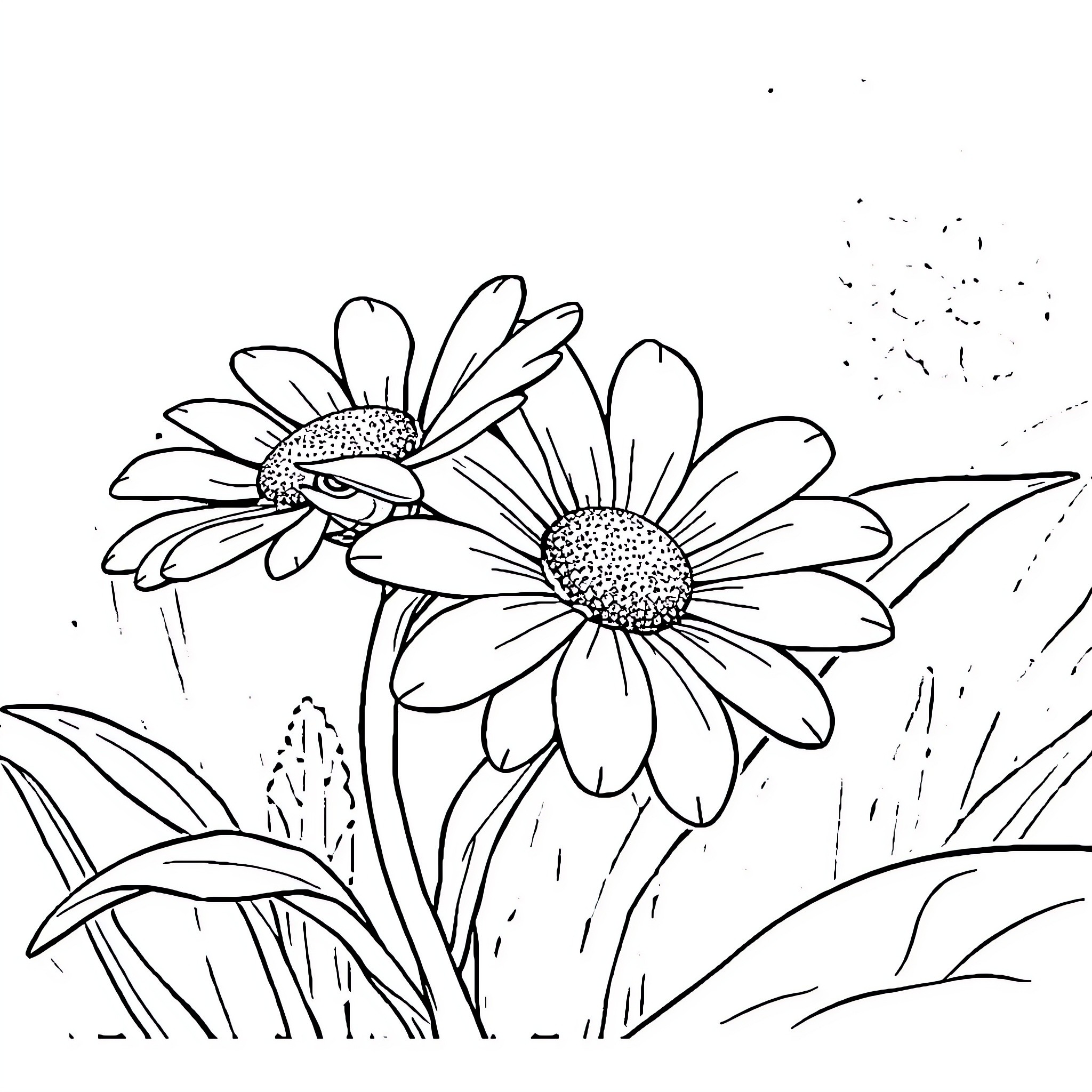 Daisy flowers blooming peacefully in the garden Coloring Page (free black-and-white line drawing printable PDF for all, from beginners to advanced learners, including children, teens, adults, and seniors)