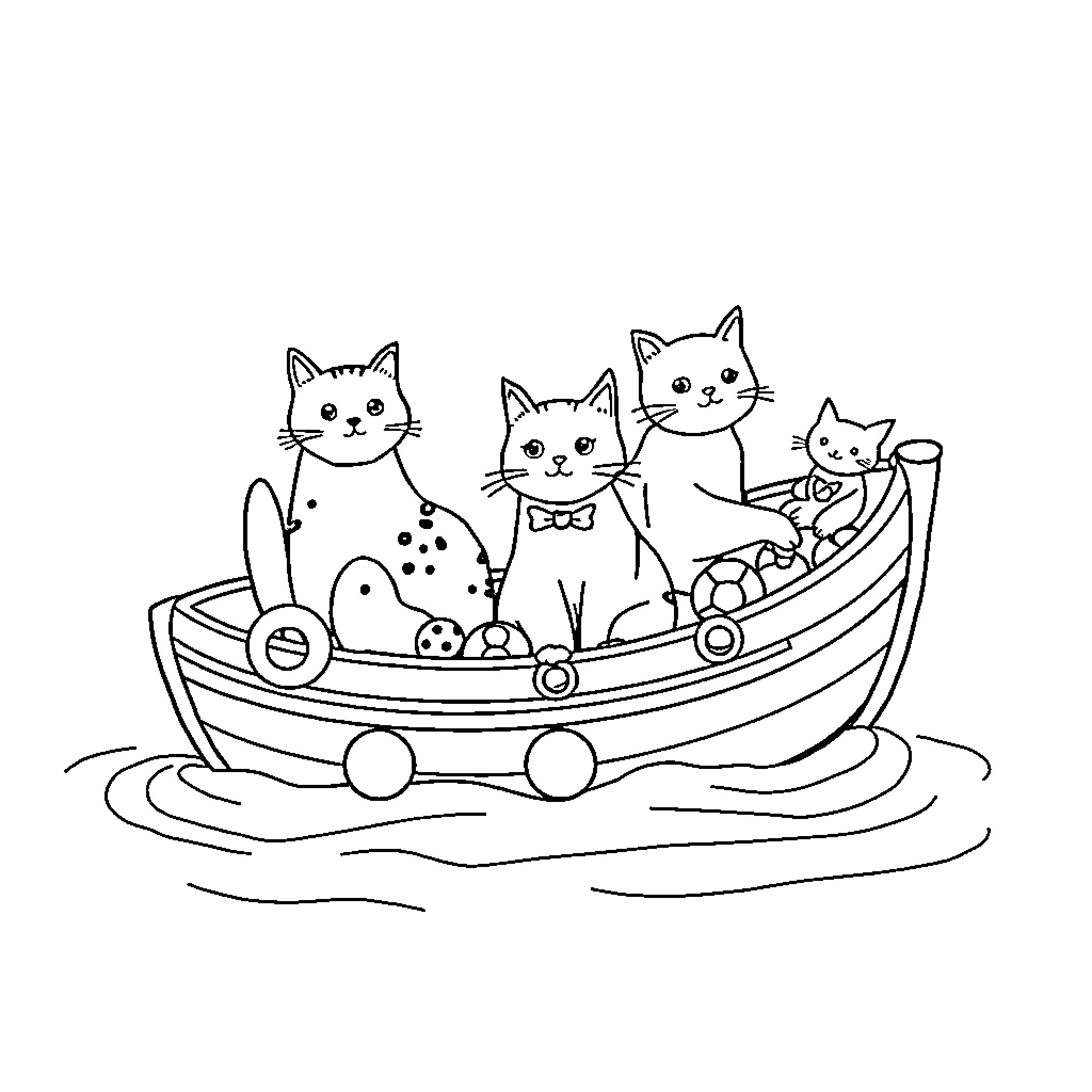 Catboat with curious kittens on the water Coloring Page (free black-and-white line drawing printable PDF for all, from beginners to advanced learners, including children, teens, adults, and seniors)
