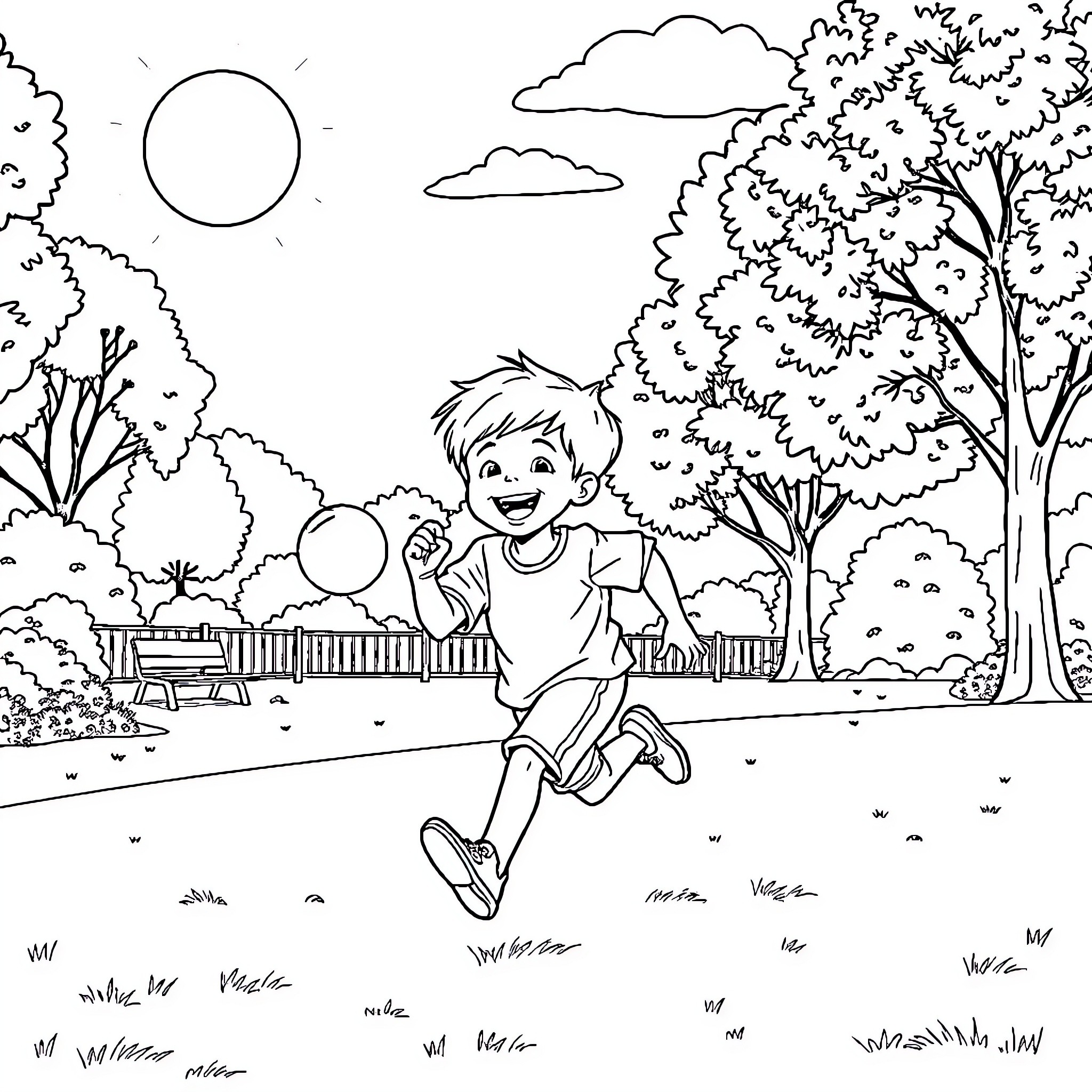 Boy playing joyfully in the park Coloring Page (free black-and-white line drawing printable PDF for all, from beginners to advanced learners, including children, teens, adults, and seniors)