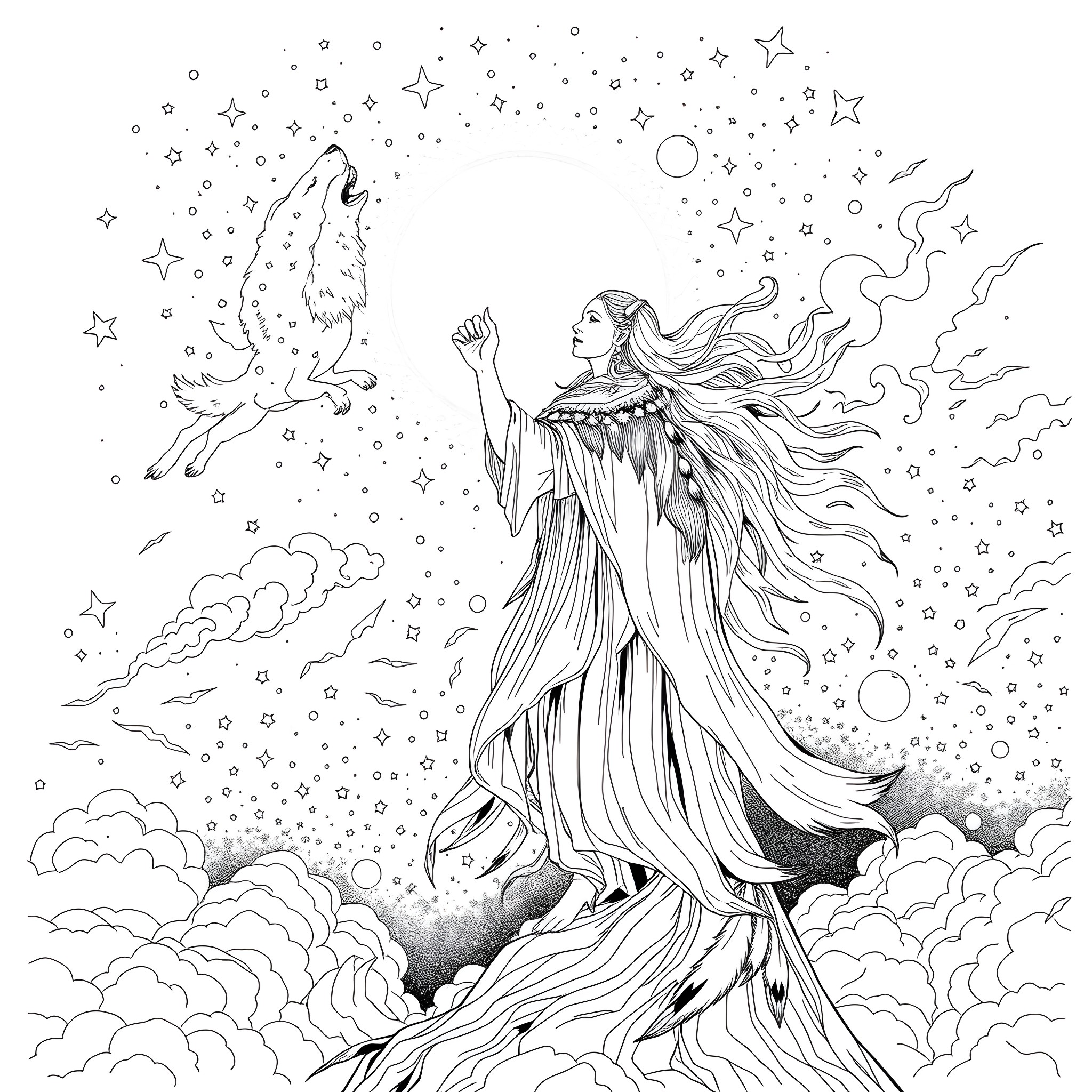 Spirit of the Celestial Realm Coloring Page (free black-and-white line drawing printable PDF for all, from beginners to advanced learners, including children, teens, adults, and seniors)