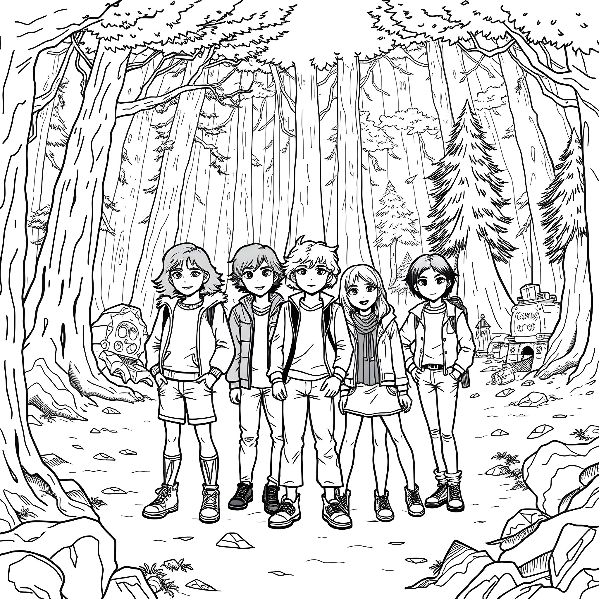 Stranger Things group exploring the mysterious forest Coloring Page (free black-and-white line drawing printable PDF for all, from beginners to advanced learners, including children, teens, adults, and seniors)