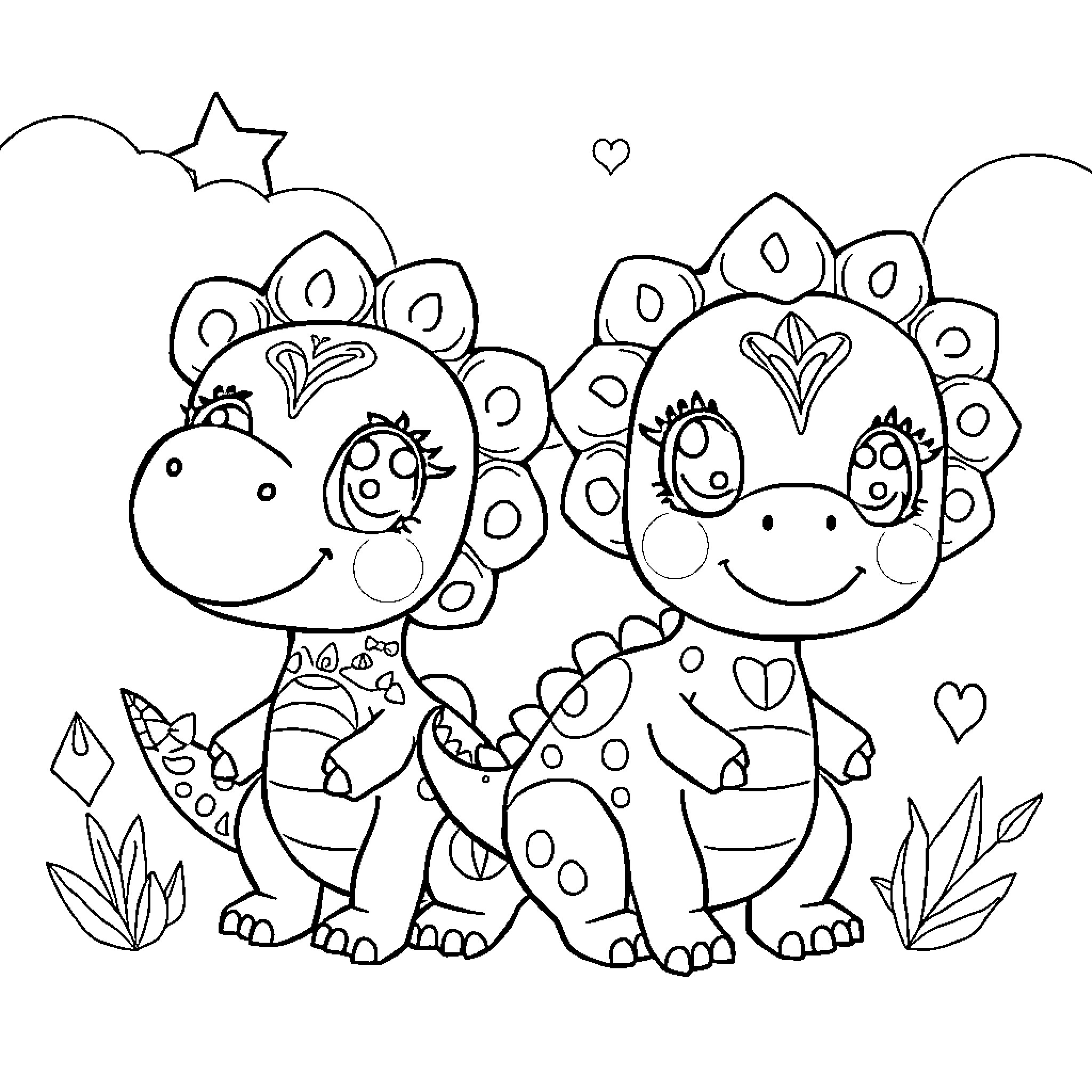 Dinosaur friends in a whimsical illustration Coloring Page (free black-and-white line drawing printable PDF for all, from beginners to advanced learners, including children, teens, adults, and seniors)