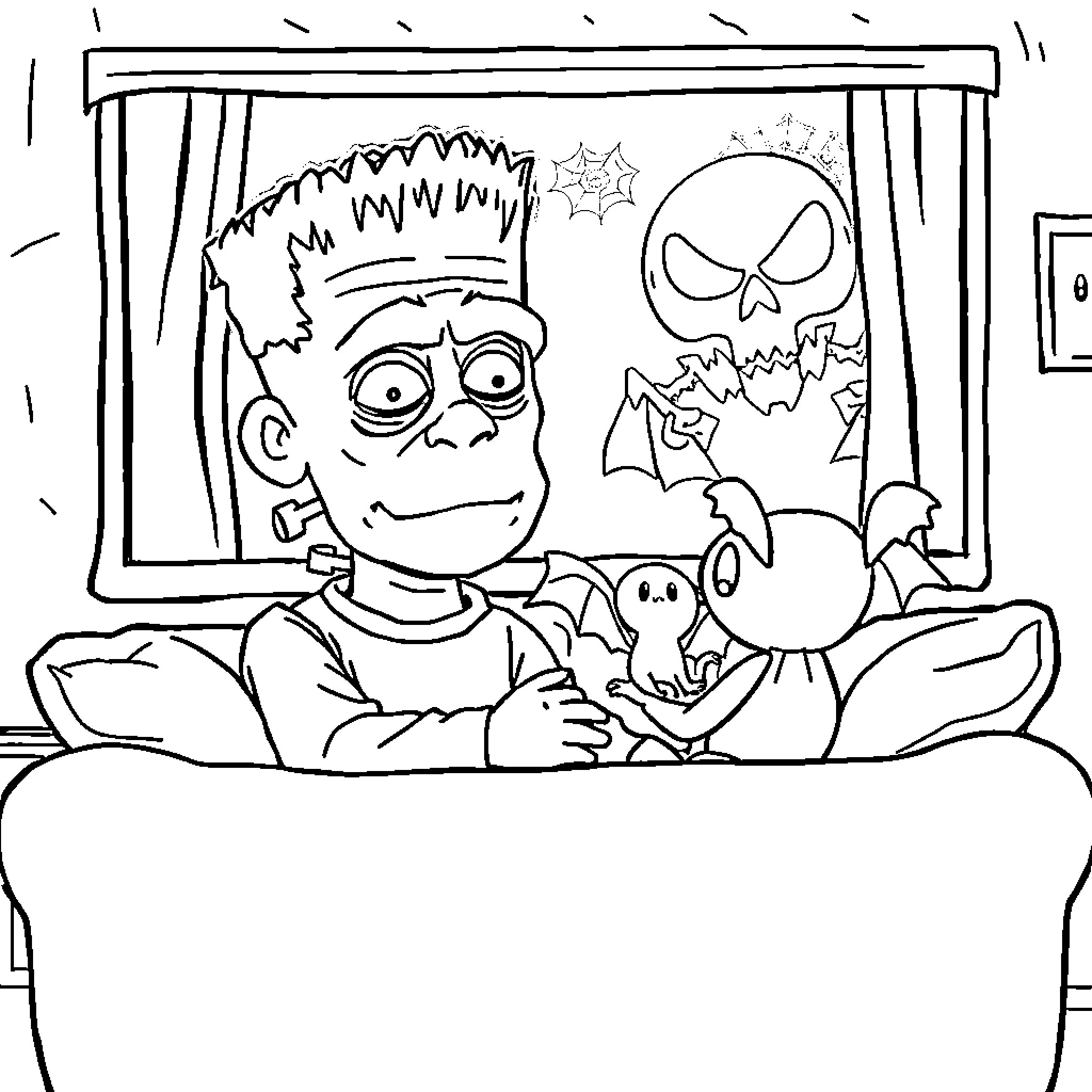 Frankenstein's Monster Watching Spooky Television Coloring Page (free black-and-white line drawing printable PDF for all, from beginners to advanced learners, including children, teens, adults, and seniors)
