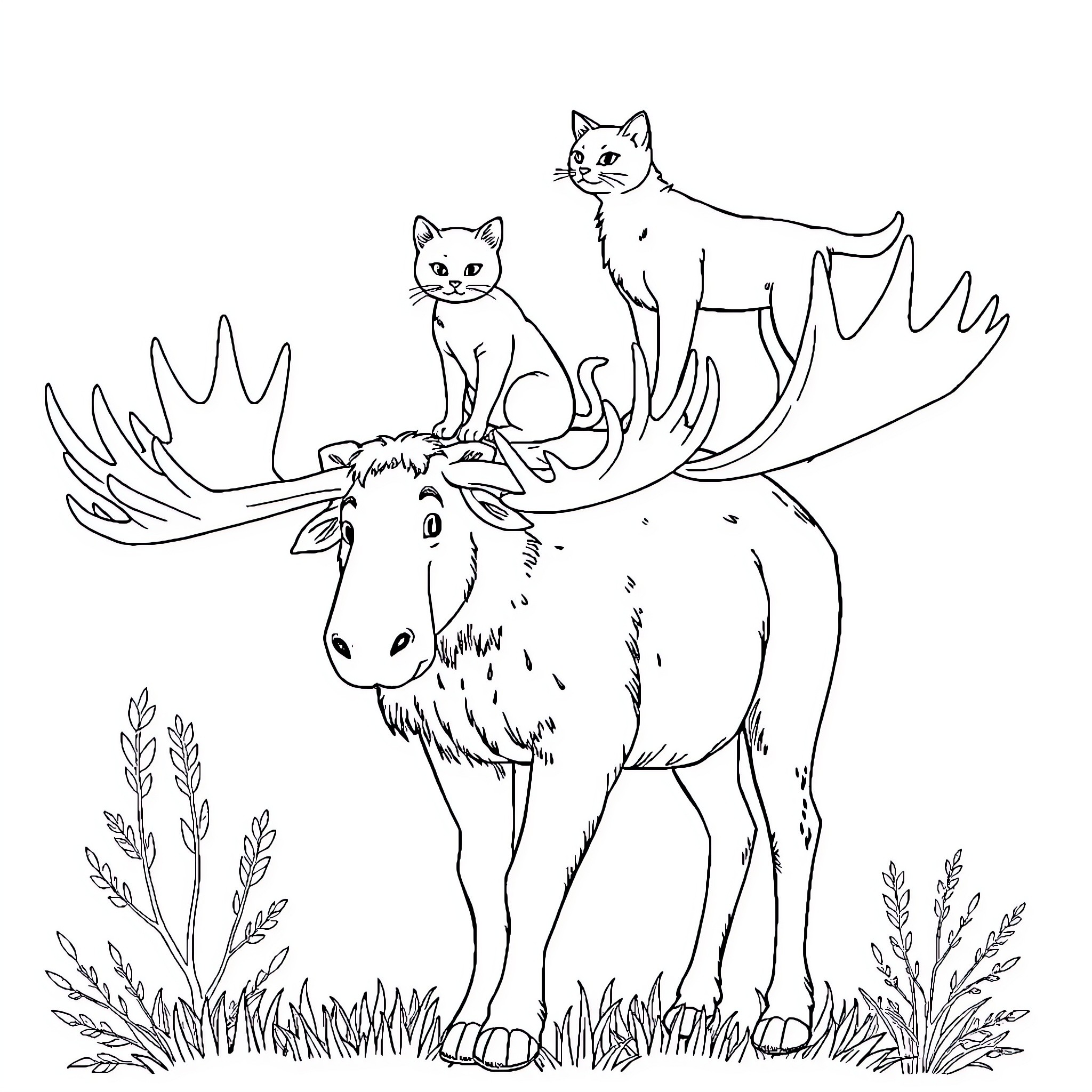 Cats resting on a majestic moose Coloring Page (free black-and-white line drawing printable PDF for all, from beginners to advanced learners, including children, teens, adults, and seniors)