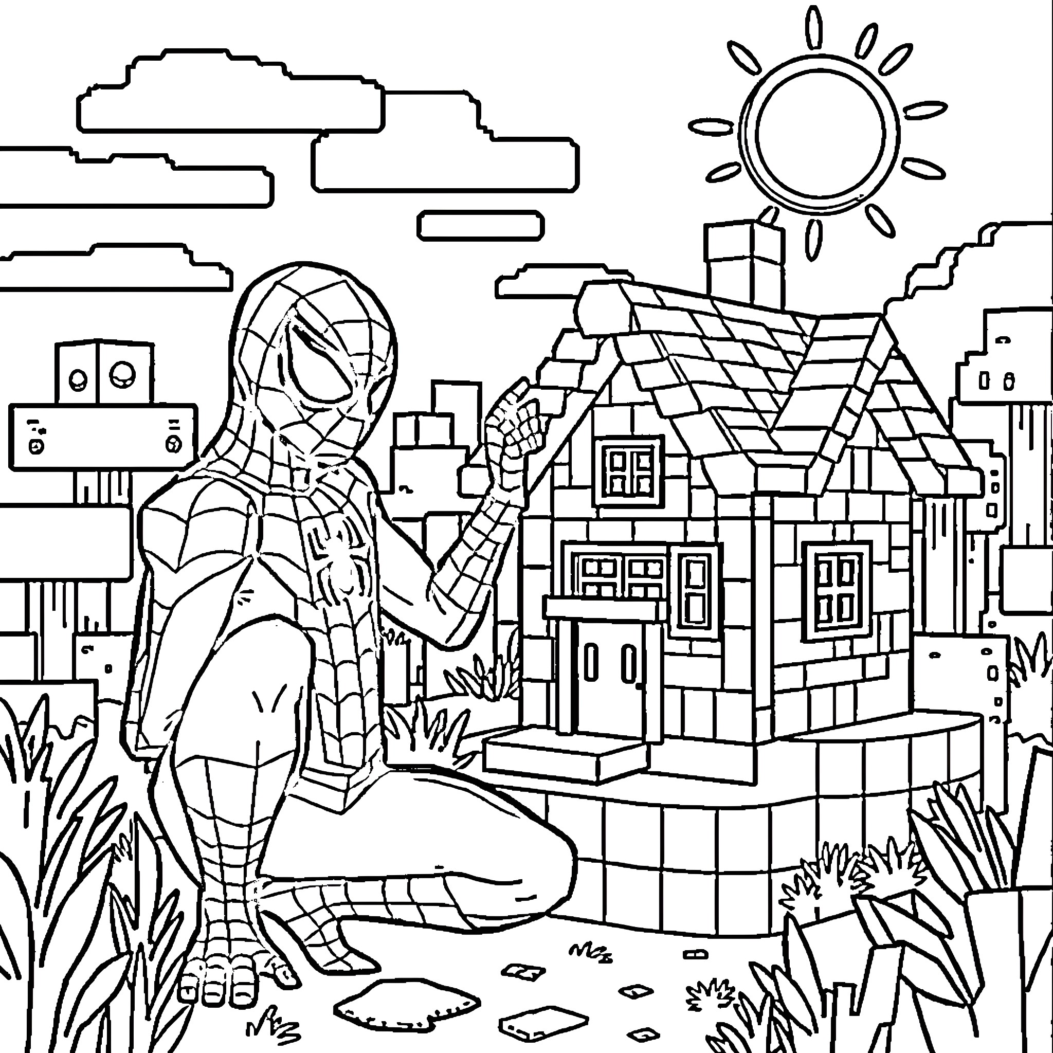Spiderman exploring a cozy neighborhood Coloring Page (free black-and-white line drawing printable PDF for all, from beginners to advanced learners, including children, teens, adults, and seniors)