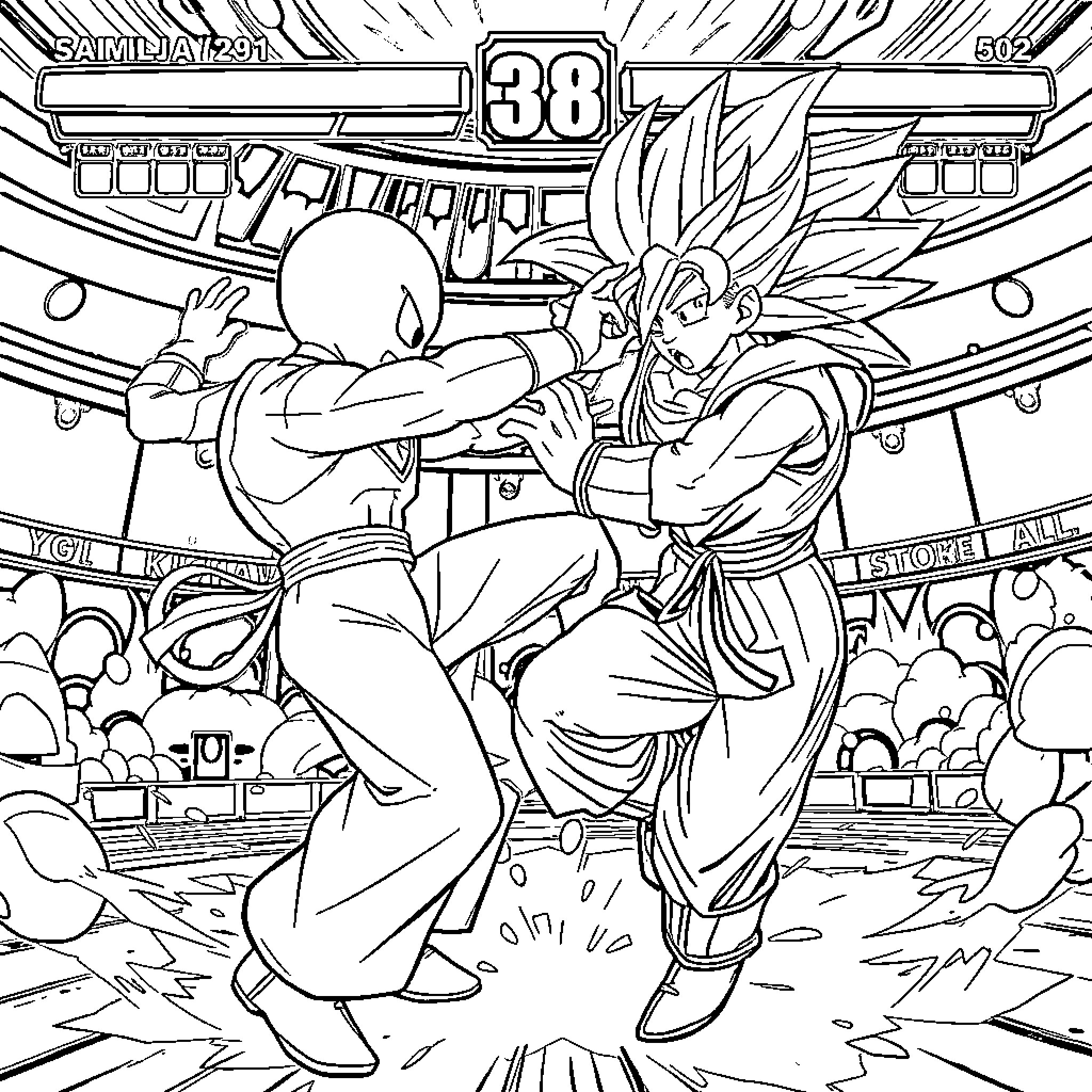 Saitama characters engaged in intense fighting action Coloring Page (free black-and-white line drawing printable PDF for all, from beginners to advanced learners, including children, teens, adults, and seniors)