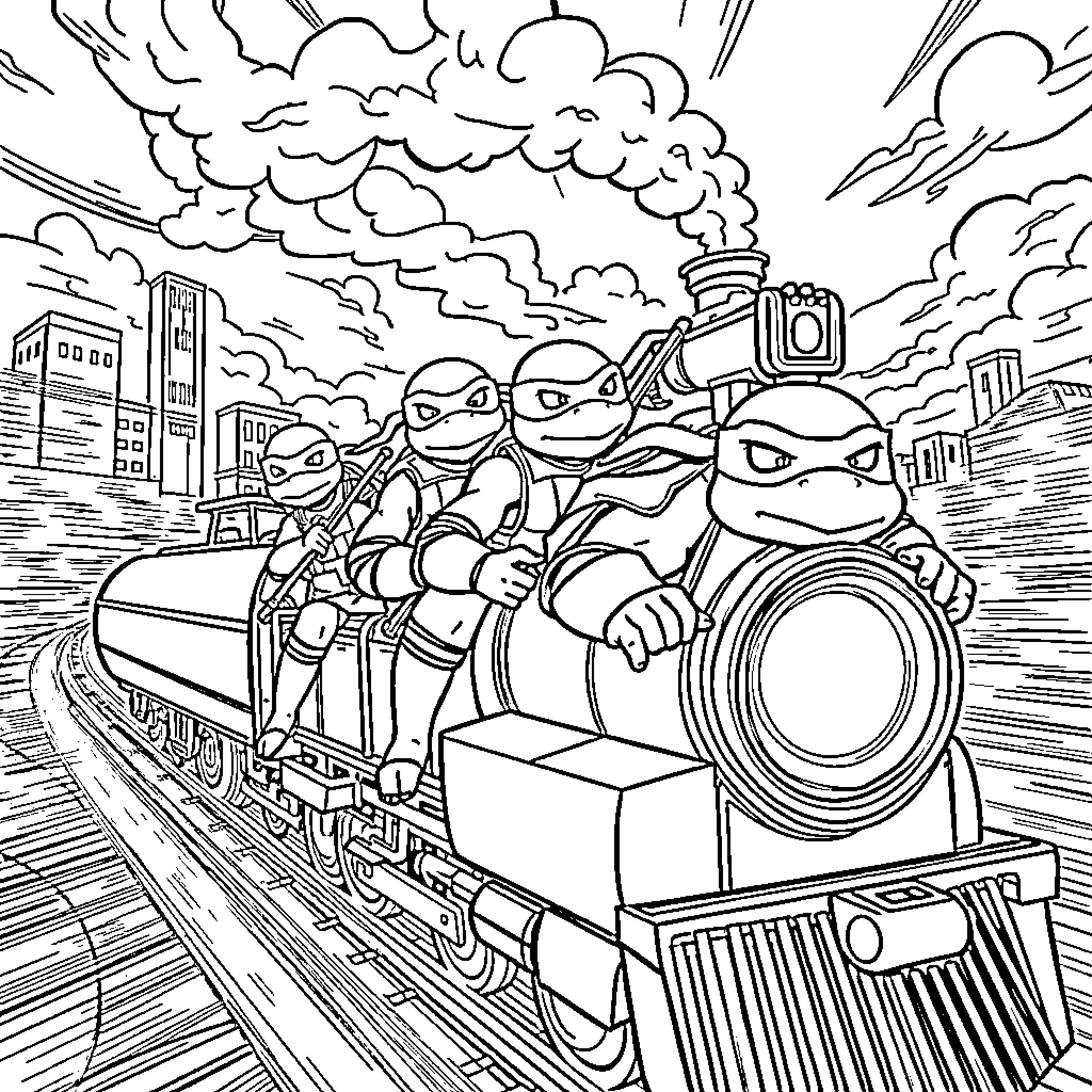 Ninja Turtles on a High-Speed Train Adventure Coloring Page (free black-and-white line drawing printable PDF for all, from beginners to advanced learners, including children, teens, adults, and seniors)