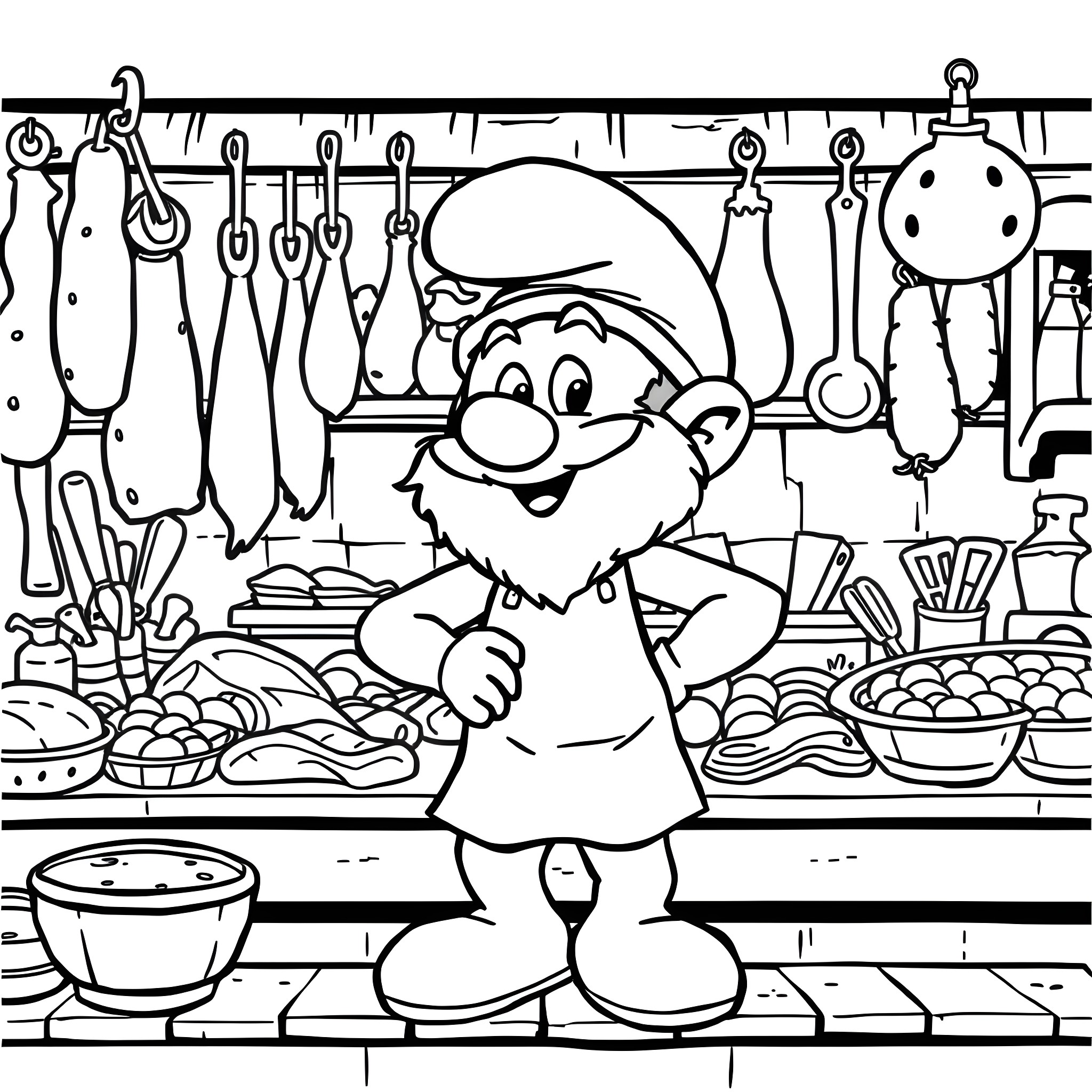Papa Smurf in a Cluttered Kitchen Coloring Page (free black-and-white line drawing printable PDF for all, from beginners to advanced learners, including children, teens, adults, and seniors)