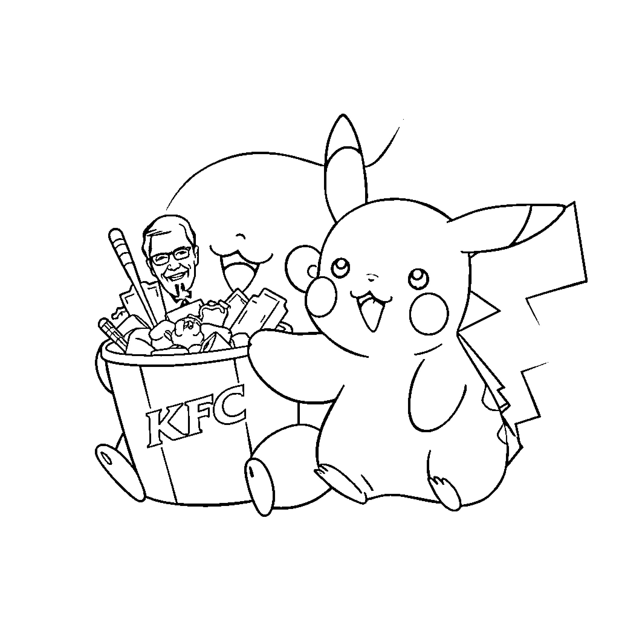 Labubu and Pikachu enjoying KFC together Coloring Page (free black-and-white line drawing printable PDF for all, from beginners to advanced learners, including children, teens, adults, and seniors)