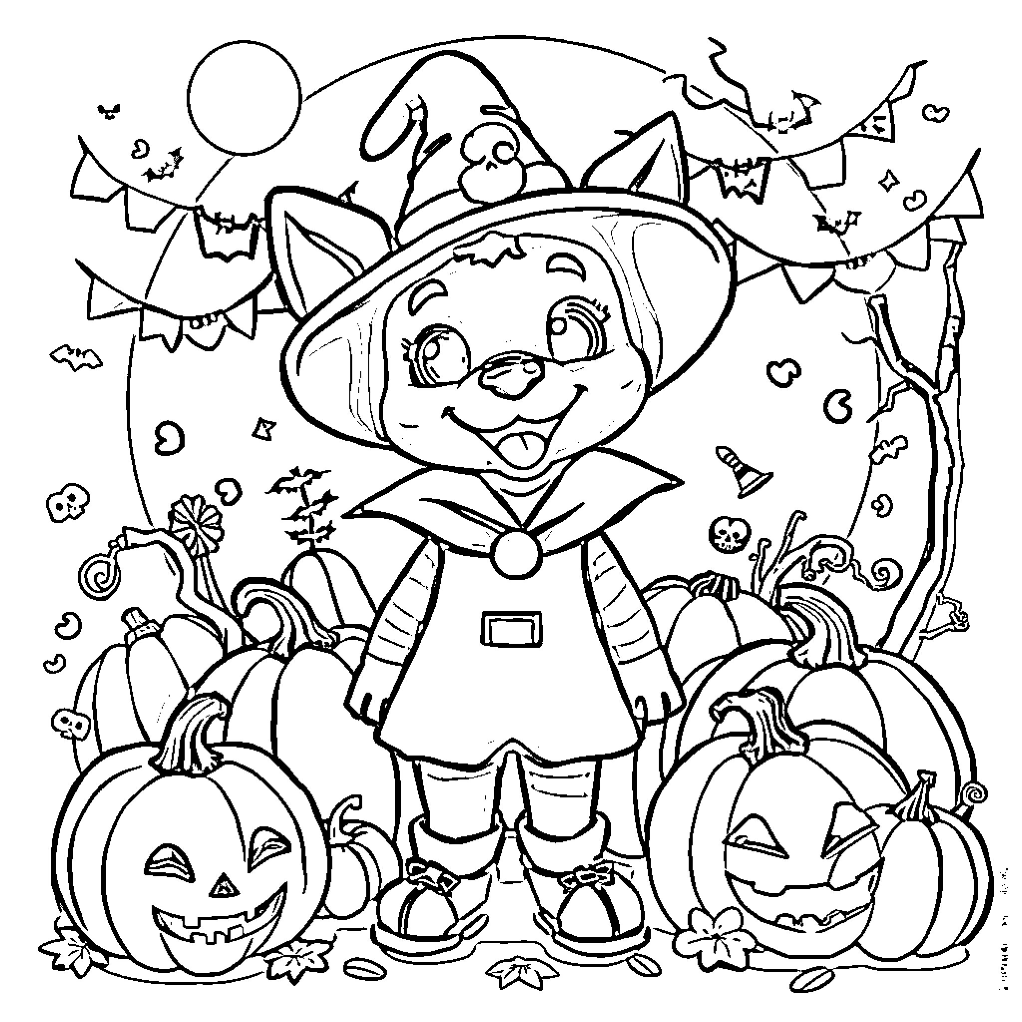 Bluey's Spooky Halloween Adventure Coloring Page (free black-and-white line drawing printable PDF for all, from beginners to advanced learners, including children, teens, adults, and seniors)