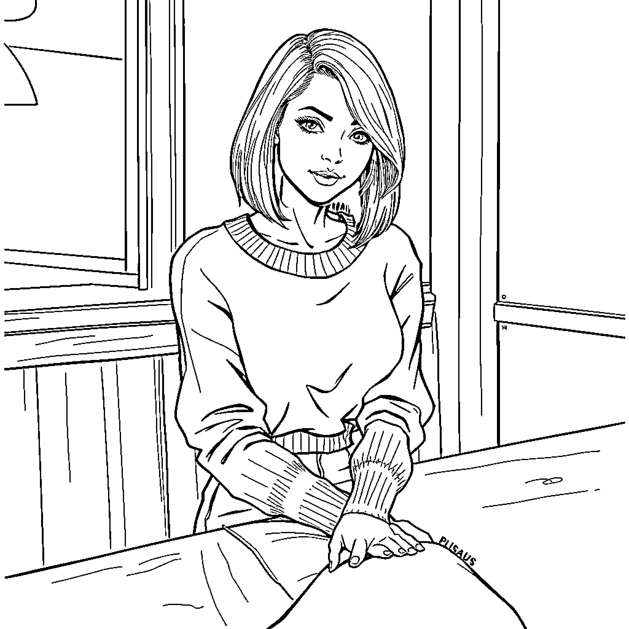 Woman in a casual sweater posing near a window Coloring Page (free black-and-white line drawing printable PDF for all, from beginners to advanced learners, including children, teens, adults, and seniors)