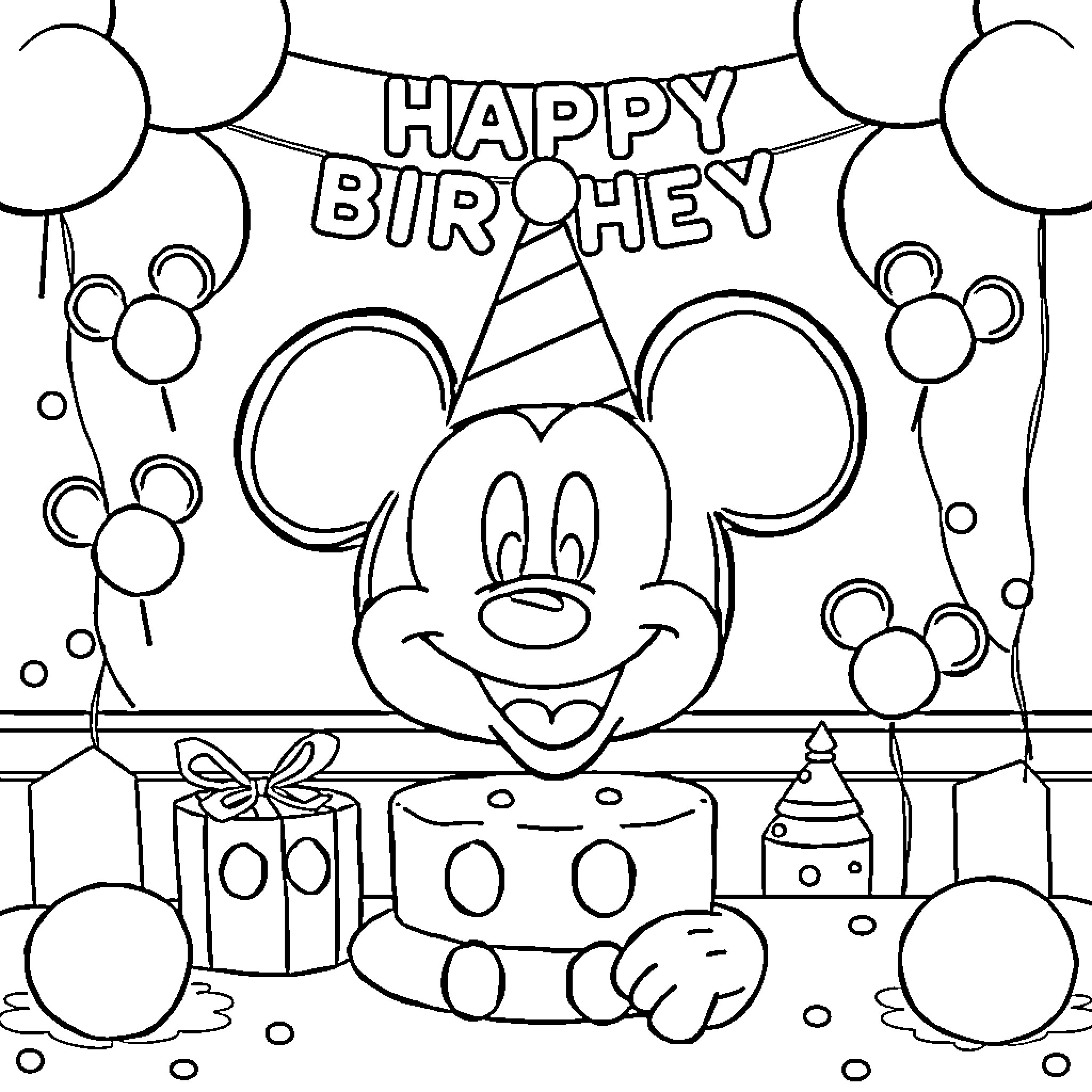 Mickey Mouse's Happy Birthday Party Coloring Page (free black-and-white line drawing printable PDF for all, from beginners to advanced learners, including children, teens, adults, and seniors)