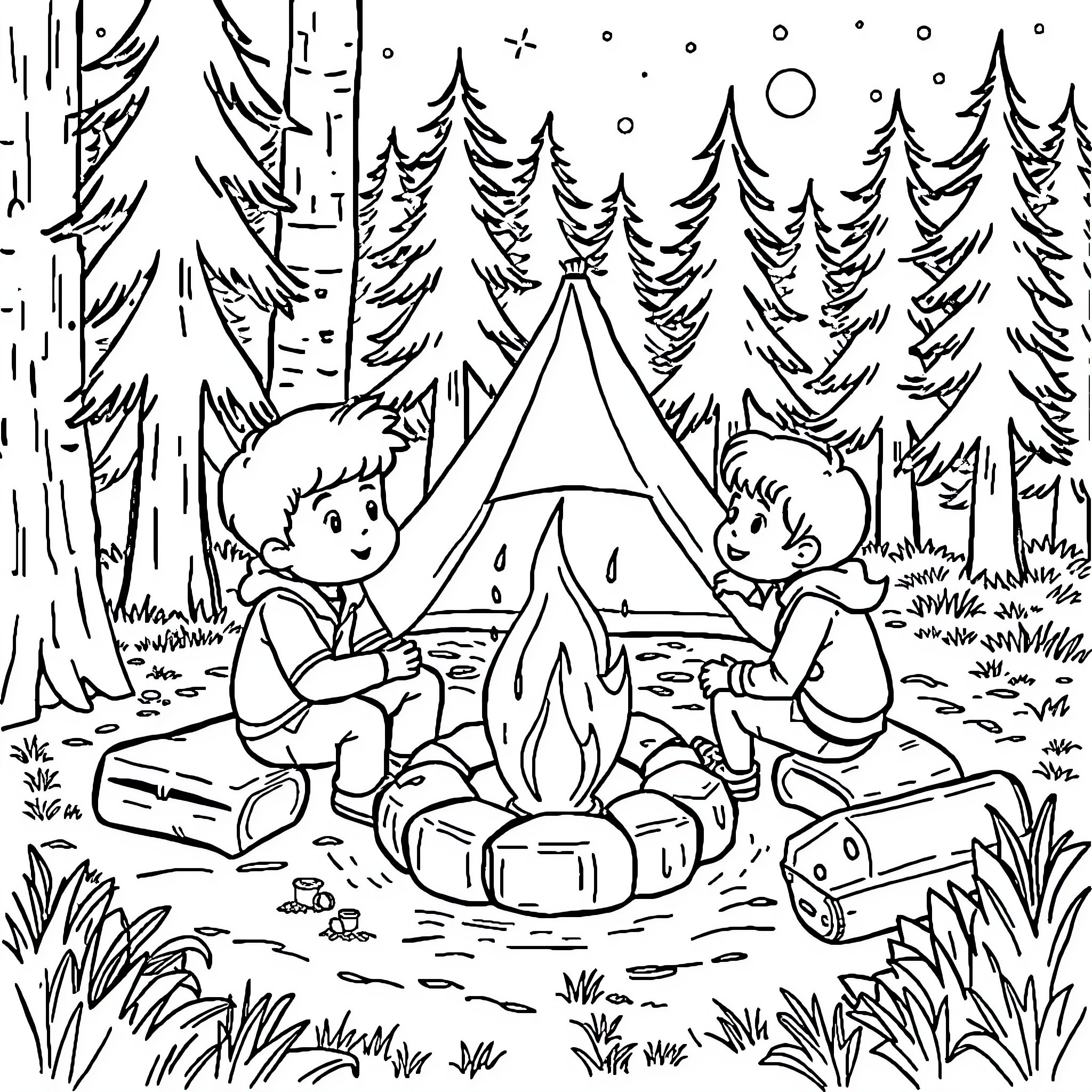 Camping with friends in the forest Coloring Page (free black-and-white line drawing printable PDF for all, from beginners to advanced learners, including children, teens, adults, and seniors)