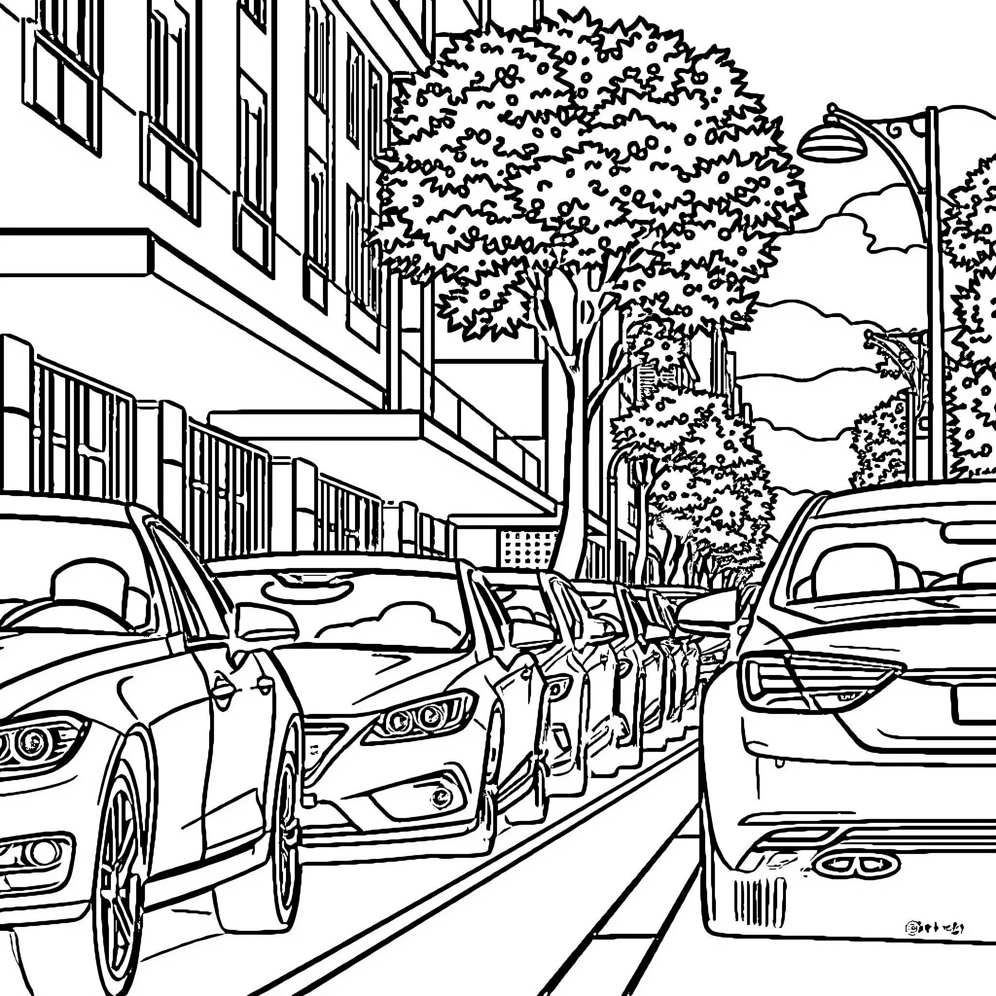 Car-filled street with trees and buildings Coloring Page (free black-and-white line drawing printable PDF for all, from beginners to advanced learners, including children, teens, adults, and seniors)