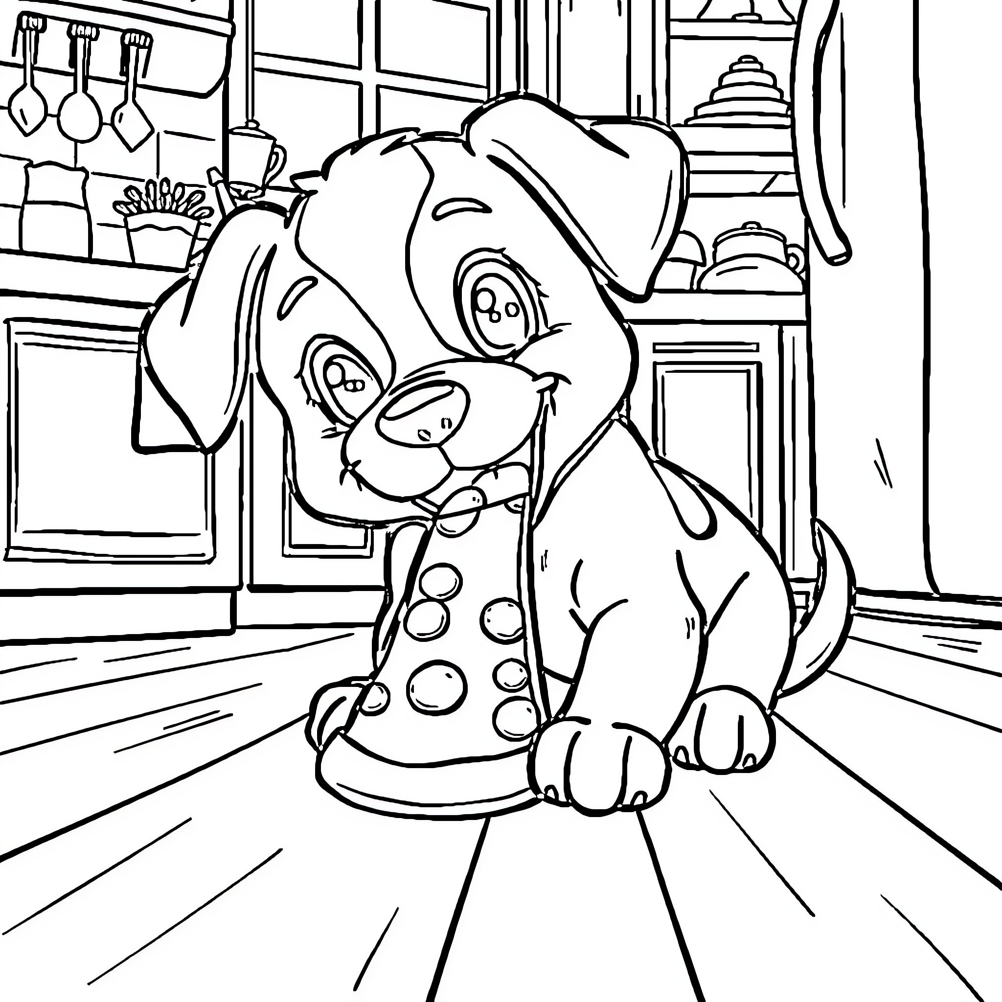 Puppy exploring a cozy kitchen Coloring Page (free black-and-white line drawing printable PDF for all, from beginners to advanced learners, including children, teens, adults, and seniors)