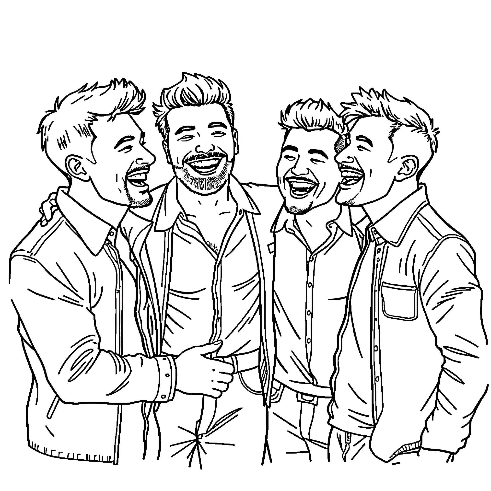 Gay Men Celebrating Joyfully Together Coloring Page (free black-and-white line drawing printable PDF for all, from beginners to advanced learners, including children, teens, adults, and seniors)