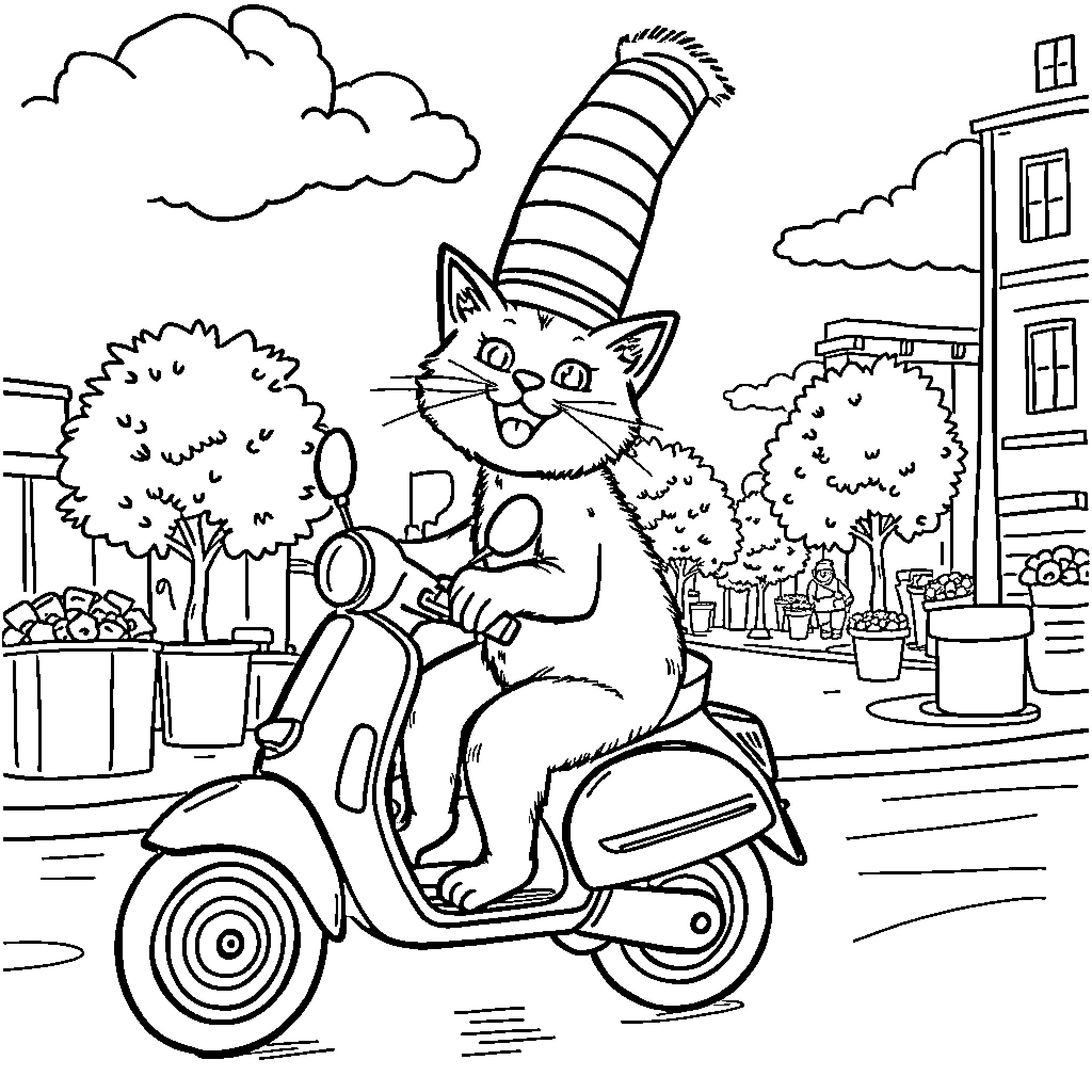 Cat riding scooter in city street Coloring Page (free black-and-white line drawing printable PDF for all, from beginners to advanced learners, including children, teens, adults, and seniors)