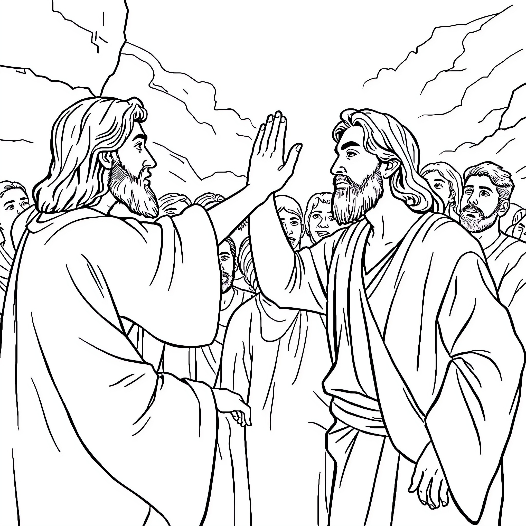 Jesus blessing disciples in the wilderness Coloring Page (free black-and-white line drawing printable PDF for all, from beginners to advanced learners, including children, teens, adults, and seniors)